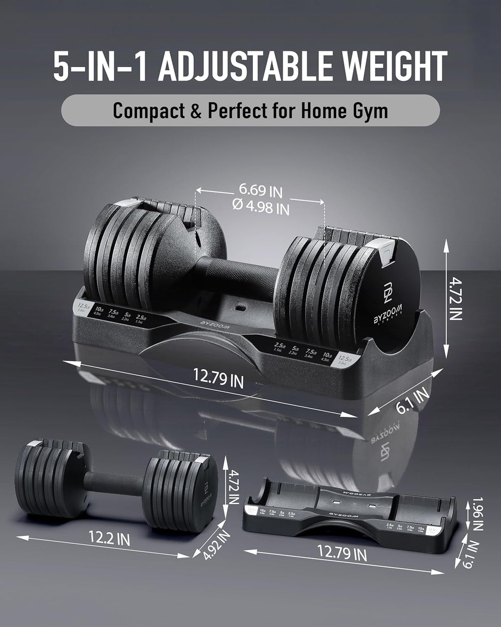 BYZOOM FITNESS 12.5LB Adjustable Dumbbell with Dumbbell Stand Bundle Set, Black