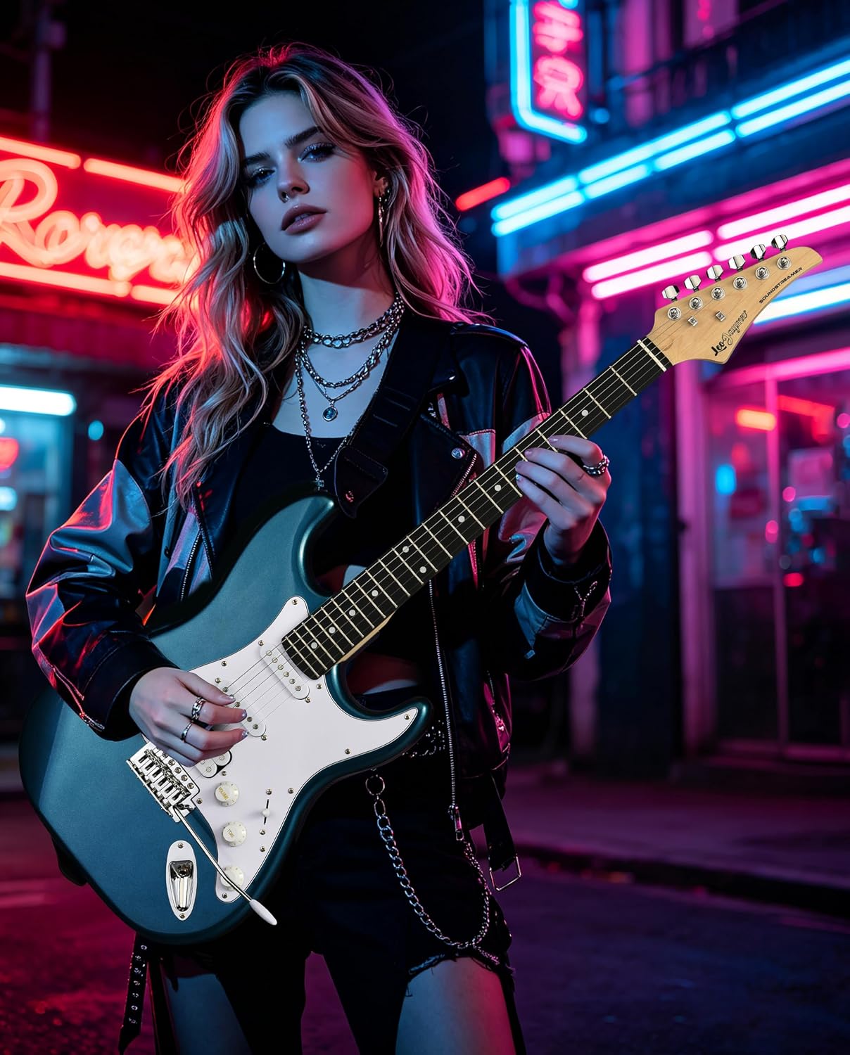 Leo Jaymz Beginner Electric Guitar 39' Kit with Portable Amplifier, Padded Gig Bag, Digital Tuner，Capo，Strap，Picks，HSS Pickups(Blue-HSS)