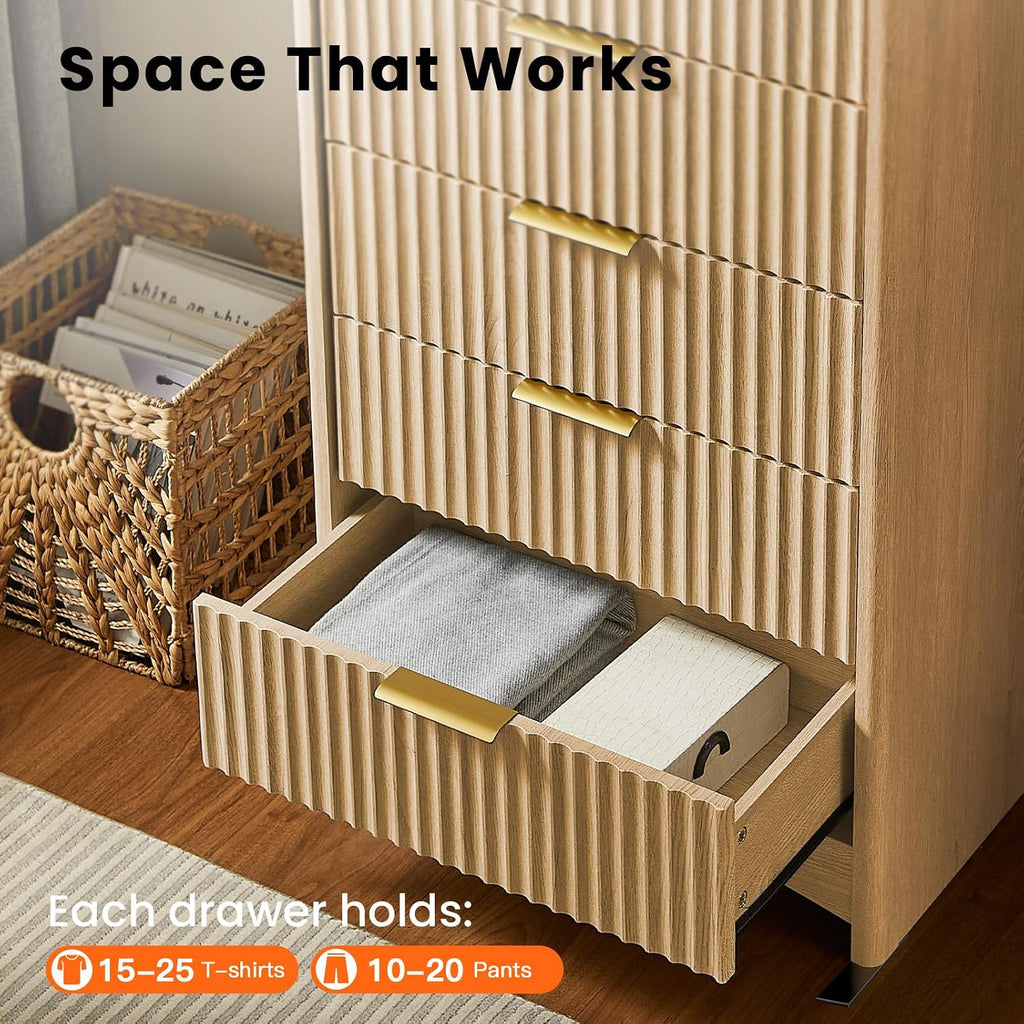 Pipishell Dresser for Bedroom, Fluted 5 Drawers Dresser, 40' Tall Modern Chest of Drawer with Round Edge & Pre-Installed Drawer Slides, Natural Wood Drawer Organizer for Bedroom, Hallway, Natural Oak