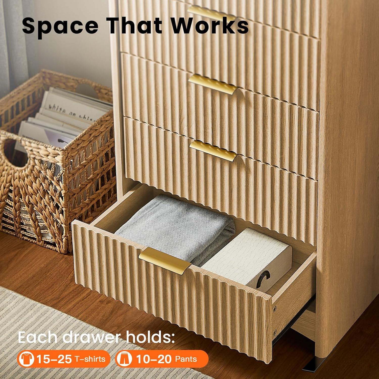 Pipishell Dresser for Bedroom, Fluted 5 Drawers Dresser, 40' Tall Modern Chest of Drawer with Round Edge & Pre-Installed Drawer Slides, Natural Wood Drawer Organizer for Bedroom, Hallway, Natural Oak