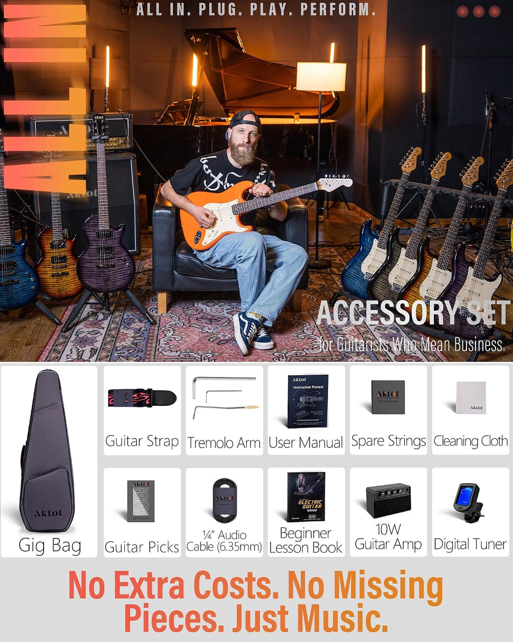 AKLOT Beginner Electric Guitar Kit: 10W Amp, Coil-Split HSS Pickups, Lesson Book, Roasted Maple Neck, Gig Bag, Tuner, Strap, Picks, Stryde Blaze Orange