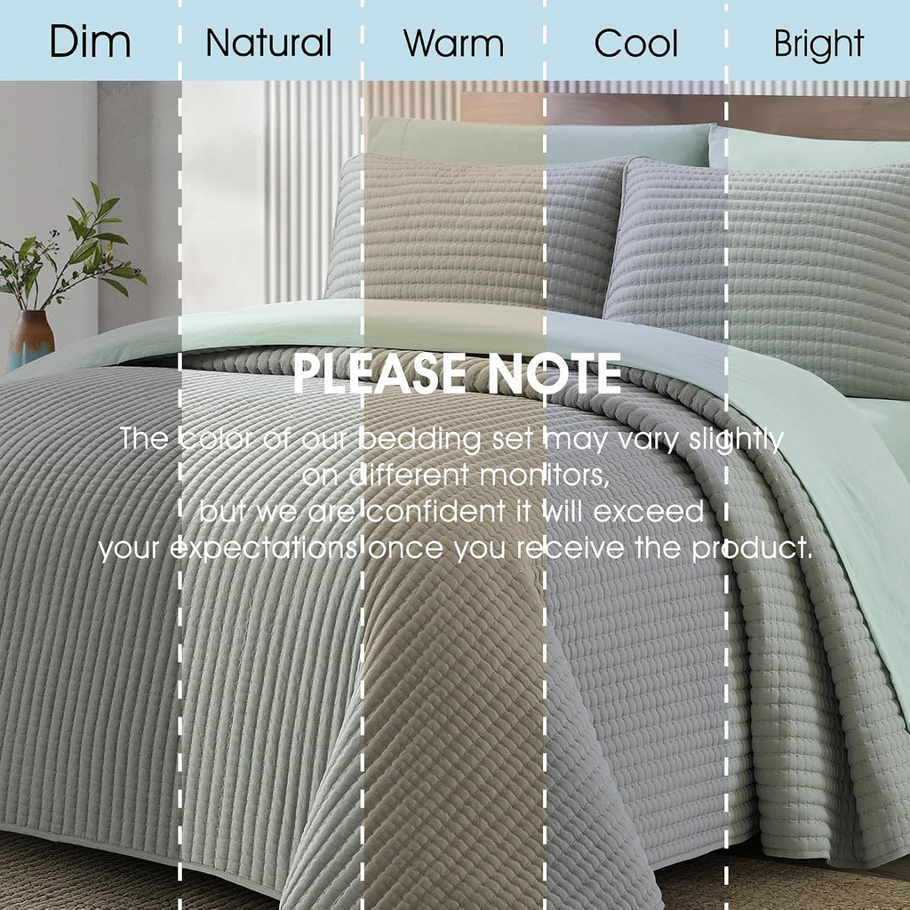 LANCO MODERN LIFESTYLE 7 Piece King Quilt Set, Sage, Microfiber Solid Striped Bedding Set, Soft and Luxury Bed in a Bag, Includes Quilt, Pillow Shams, Flat Sheet, Fitted Sheet, and Pillowcases