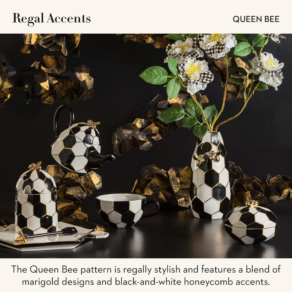 MACKENZIE-CHILDS Ceramic Flower Vase, Decor for Living Room or Bedroom, Black-and-White Queen Bee