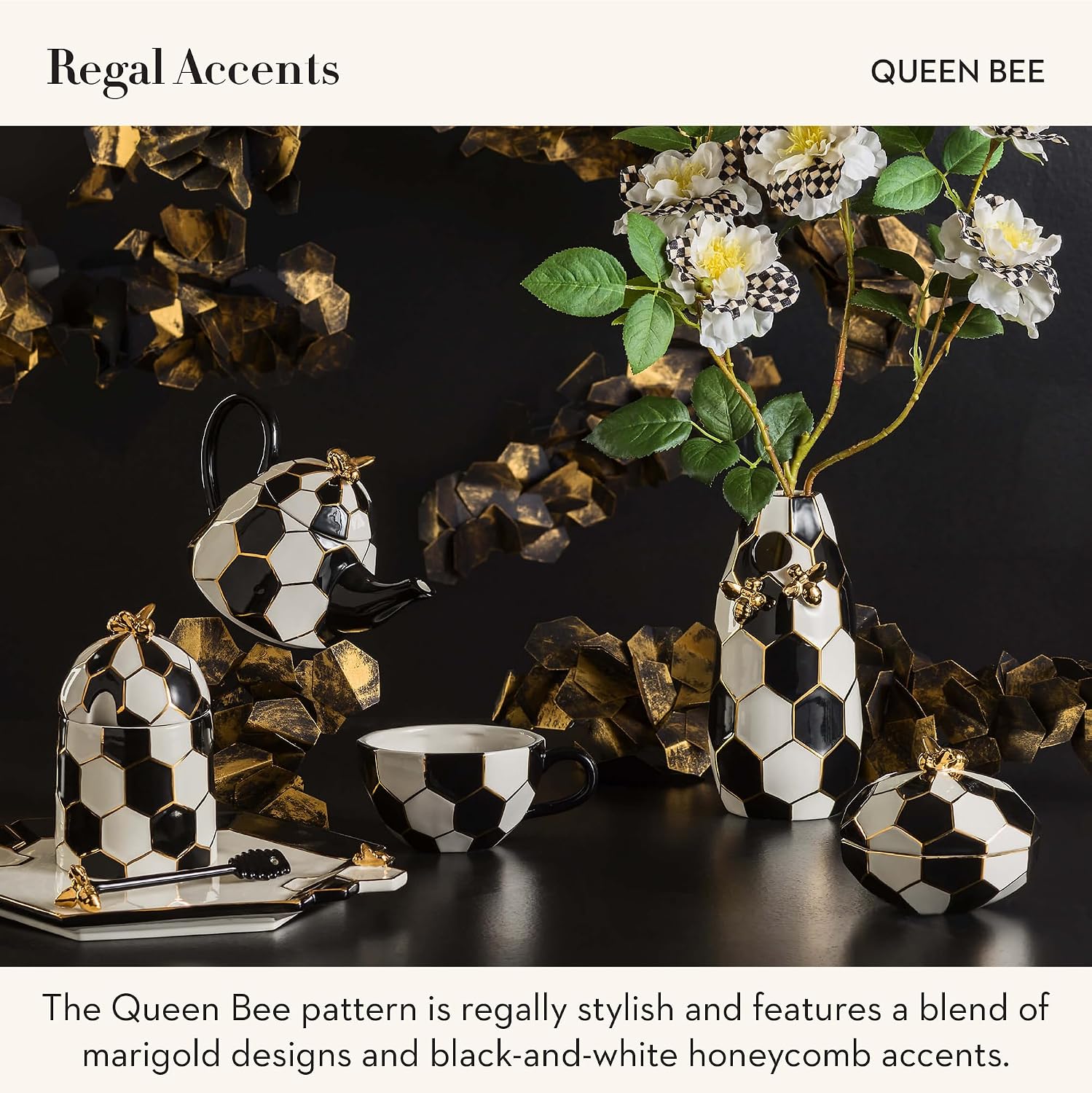 MACKENZIE-CHILDS Ceramic Flower Vase, Decor for Living Room or Bedroom, Black-and-White Queen Bee
