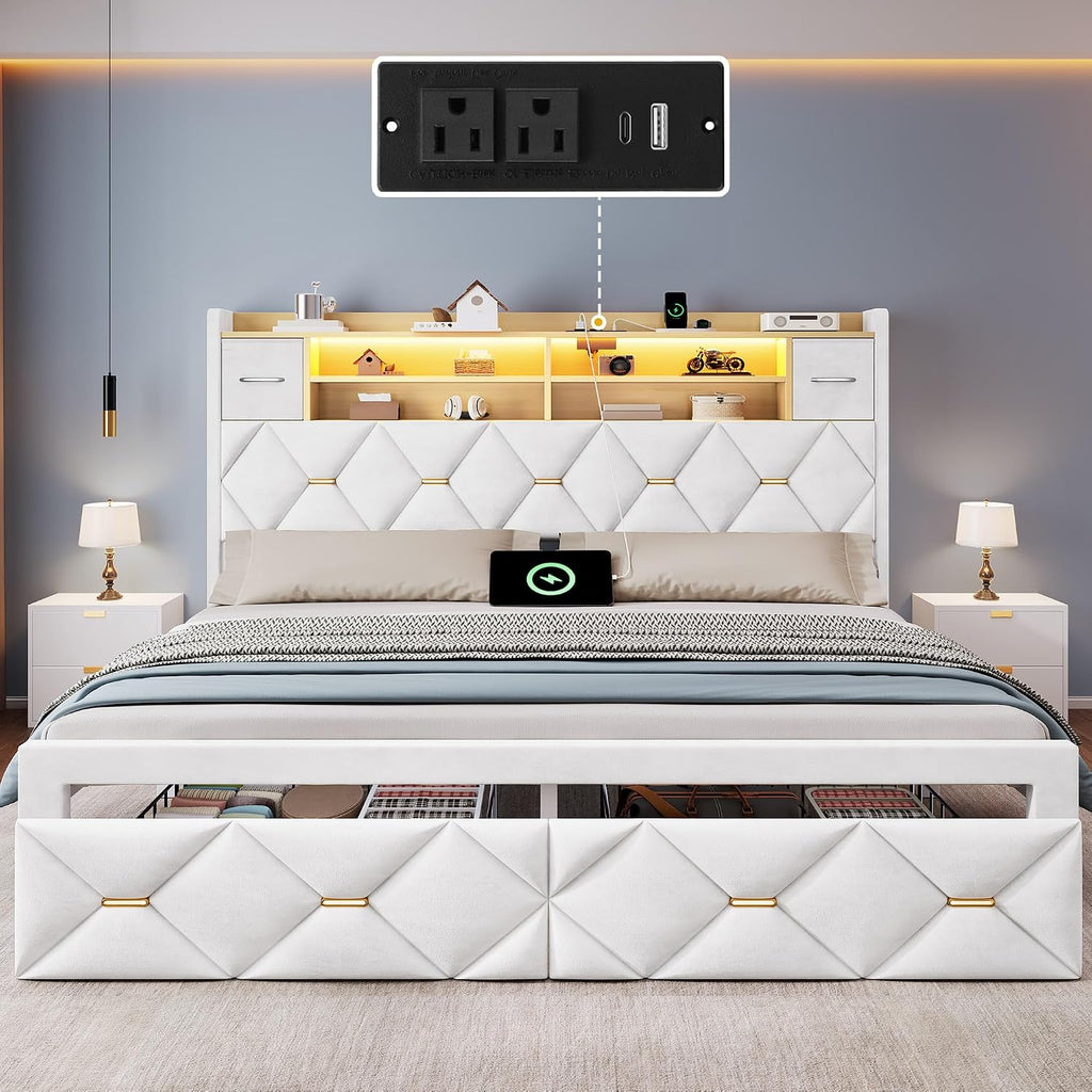 DWVO King Size Bed Frame with 2 Storage Drawers and Storage Headboard, Upholstered Platform with Charging Station and LED Light, No Box Spring Needed, Noise Free, Easy Assembly, Velvet White