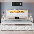 DWVO King Size Bed Frame with 2 Storage Drawers and Storage Headboard, Upholstered Platform with Charging Station and LED Light, No Box Spring Needed, Noise Free, Easy Assembly, Velvet White