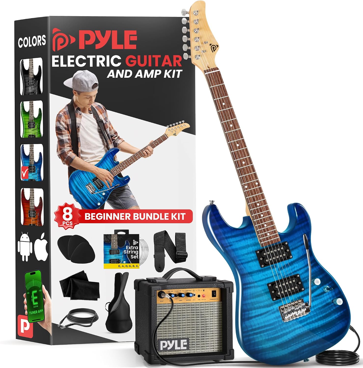 Pyle Electric Guitar Kit with Amp, Full Size Instrument with Humbucker Pickups, Guitarra Electrica Amplifier and Beginner Bundle Accessories, 39' (Legacy Blue)