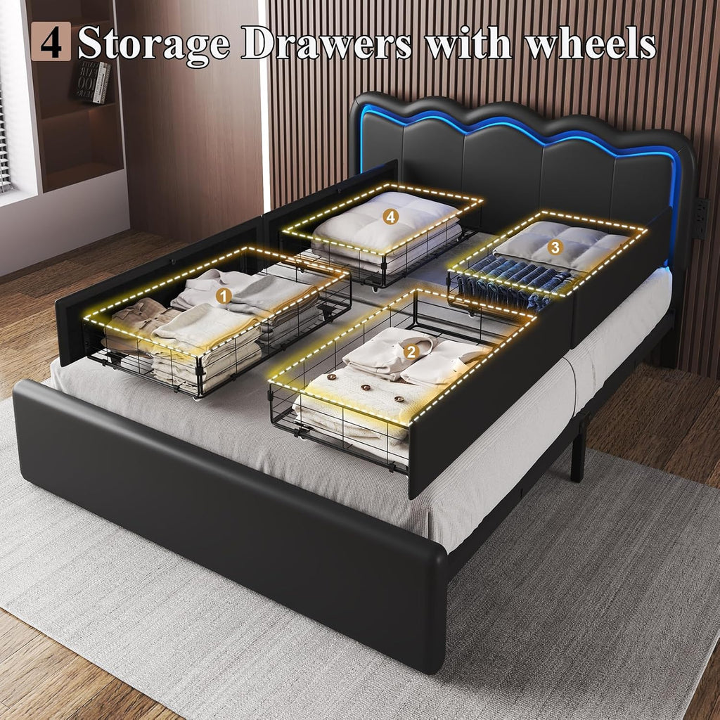 E-Motie Full Size Bed Frame with 4 Storage Drawers and LED Lights,Upholstered Platform Bed with Adjustable Headboard and Charging Station, Metal Slats Support, No Box Spring Needed, Black