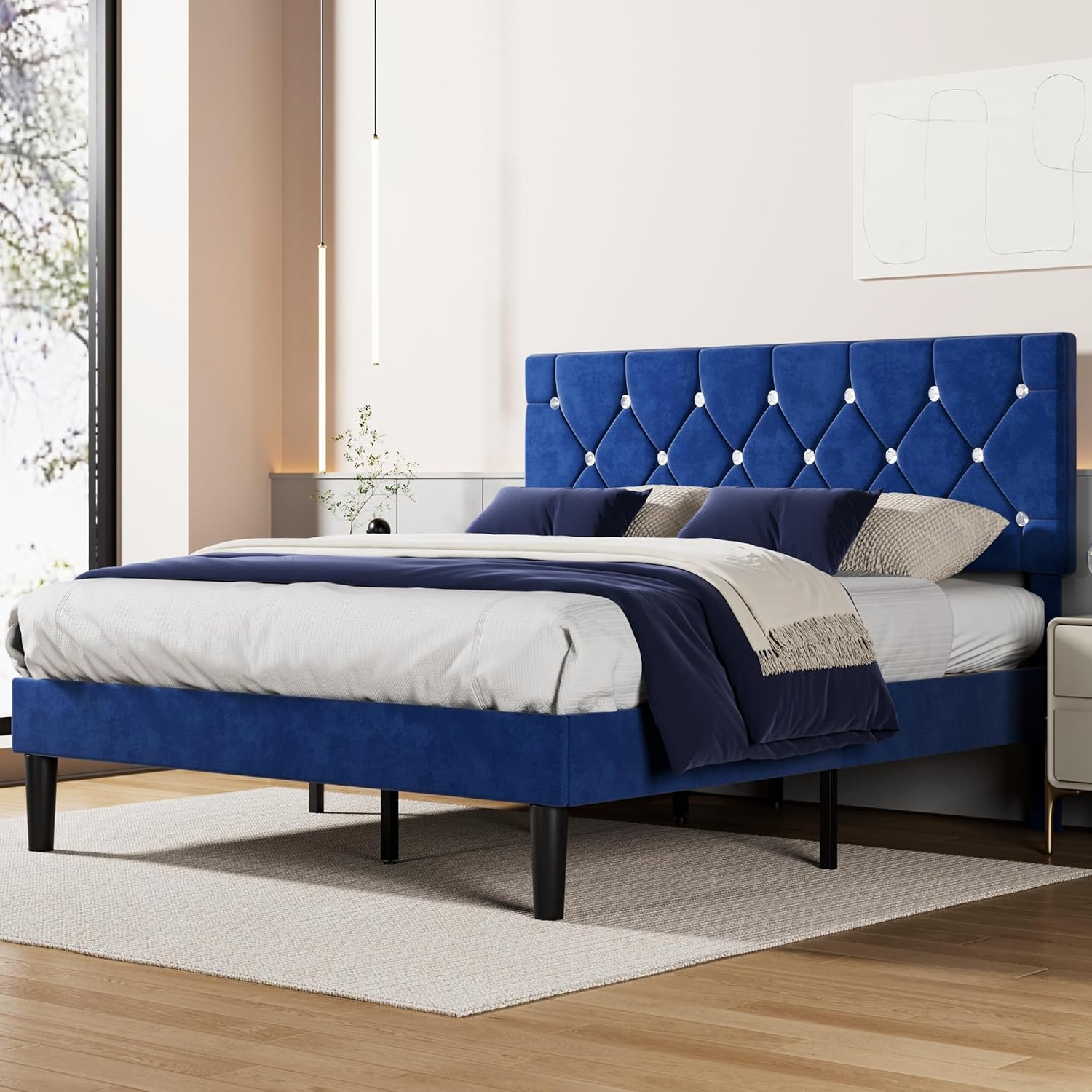 VECELO Queen Size Bed Frame, Upholstered Platform with Adjustable Diamond Tufted Headboard, Wood Slat Support, No Box Spring Needed, Navy Blue