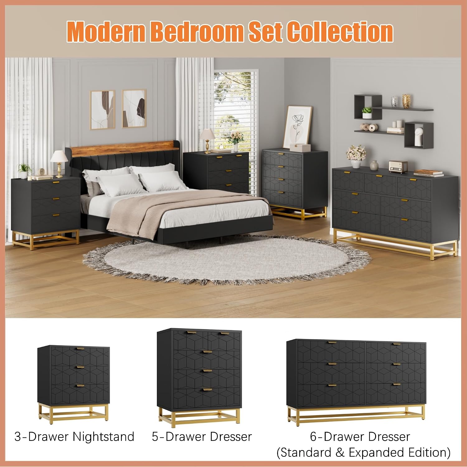 IDEALHOUSE Black Dresser for Bedroom, 4 Drawer Dresser with Metal Legs, Modern Dressers Chest Organizer with Wide Storage, Chest of Drawers for Bedroom, Living Room, Entryway