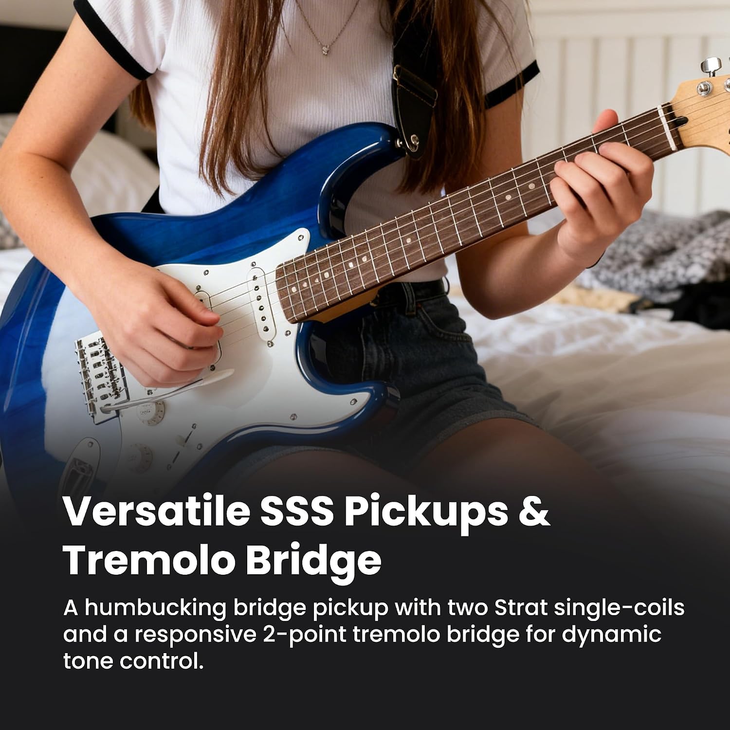 Fender Squier Sonic Stratocaster Pack - Sapphire Blue Transparent Bundle with Frontman 10G Amp, Gig Bag, Tuner, Instrument Cable, Strap, and Picks