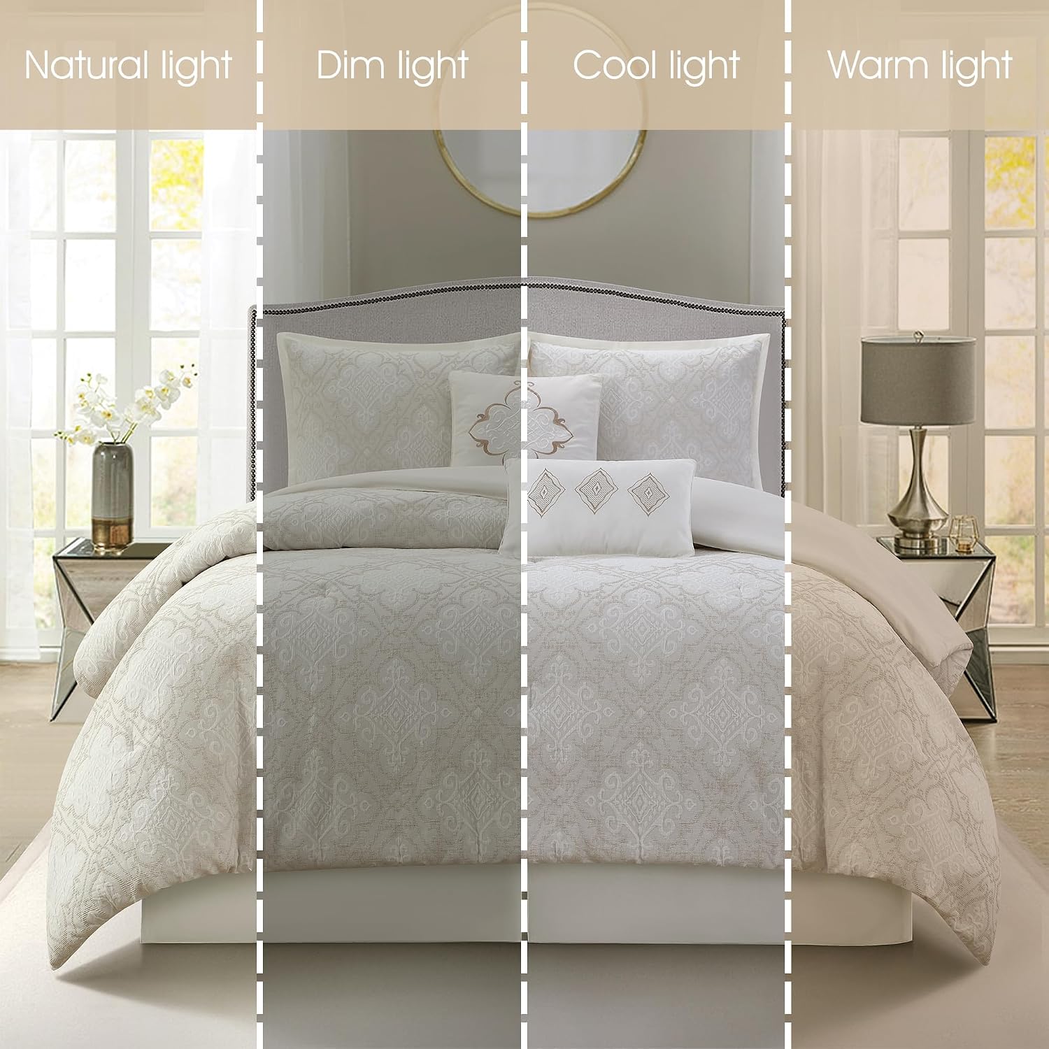 Grand Avenue 6 Piece Cotton White Comforter Set, King Size Jacquard Bedding Set, All Season Geometric Bedding, Matching Pillows, Shams, Bed Skirt