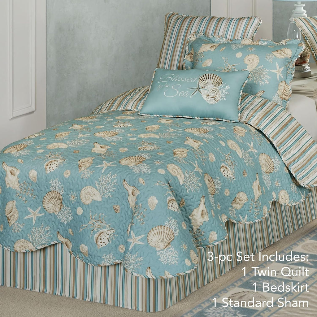 Seabreeze Coastal Beach Polyester Microfiber Bedding | All Season Quilted | Shell Starfish Coral Stripe | Aqua Teal Ivory Cream | Washable 3 Pc Set: Twin Quilt, 1 Standard Sham, Bedskirt
