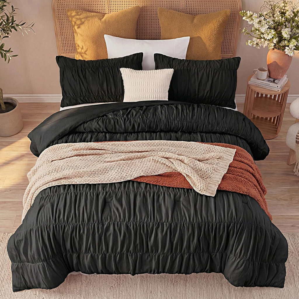 Bedbay Black Ruched Comforter Set King Size,100% Cotton Boho Bedding Set,Black Cinched Fluffy Comforter for Bedroom,3 Pcs Vintage Ruffle Bedding Aesthetic Room Decor for All Seasons