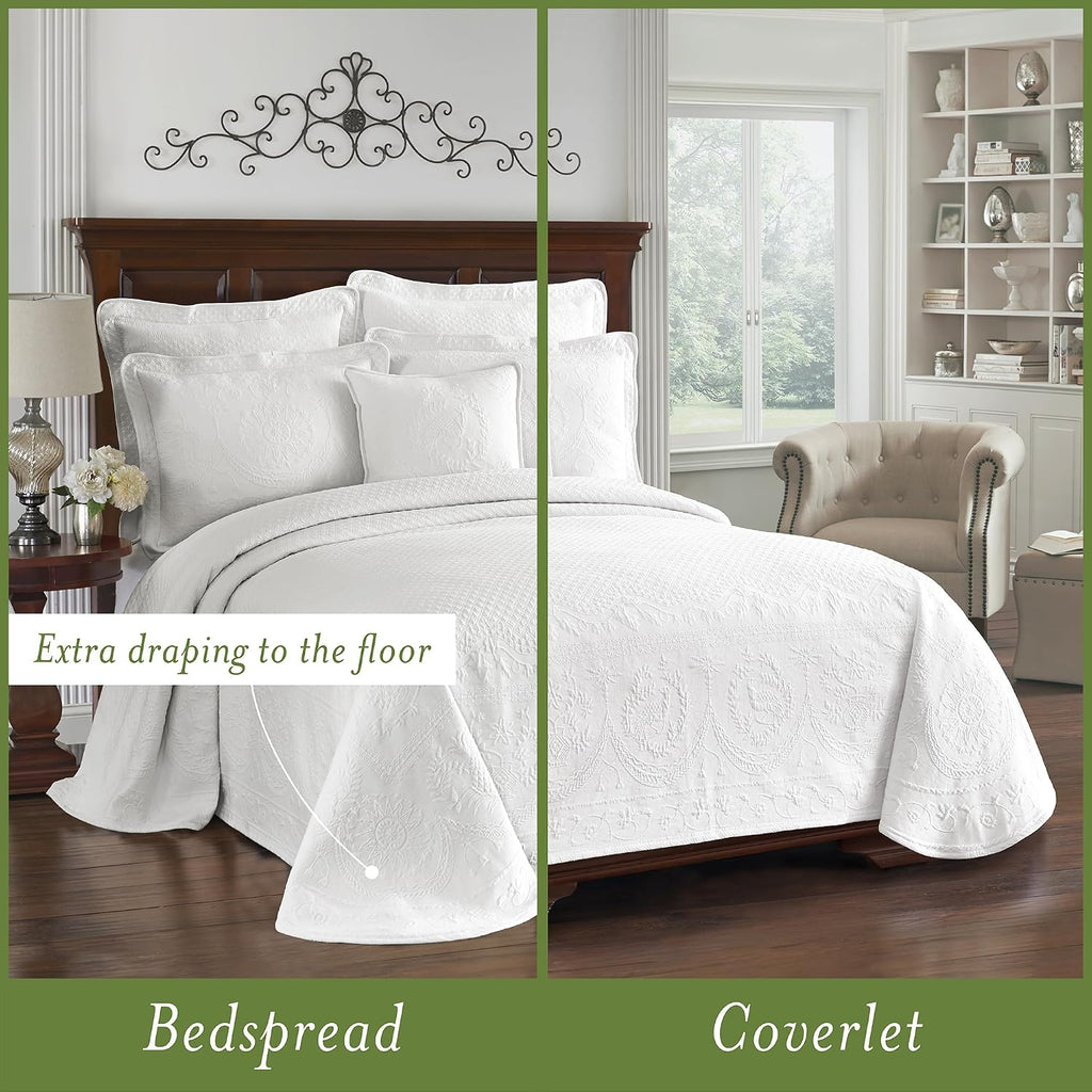 Bedspreads Coverlet - King Charles Collection 120' x 114' Size 100% Cotton Oversized Matelasse Bed Spread, King/Cal King, White