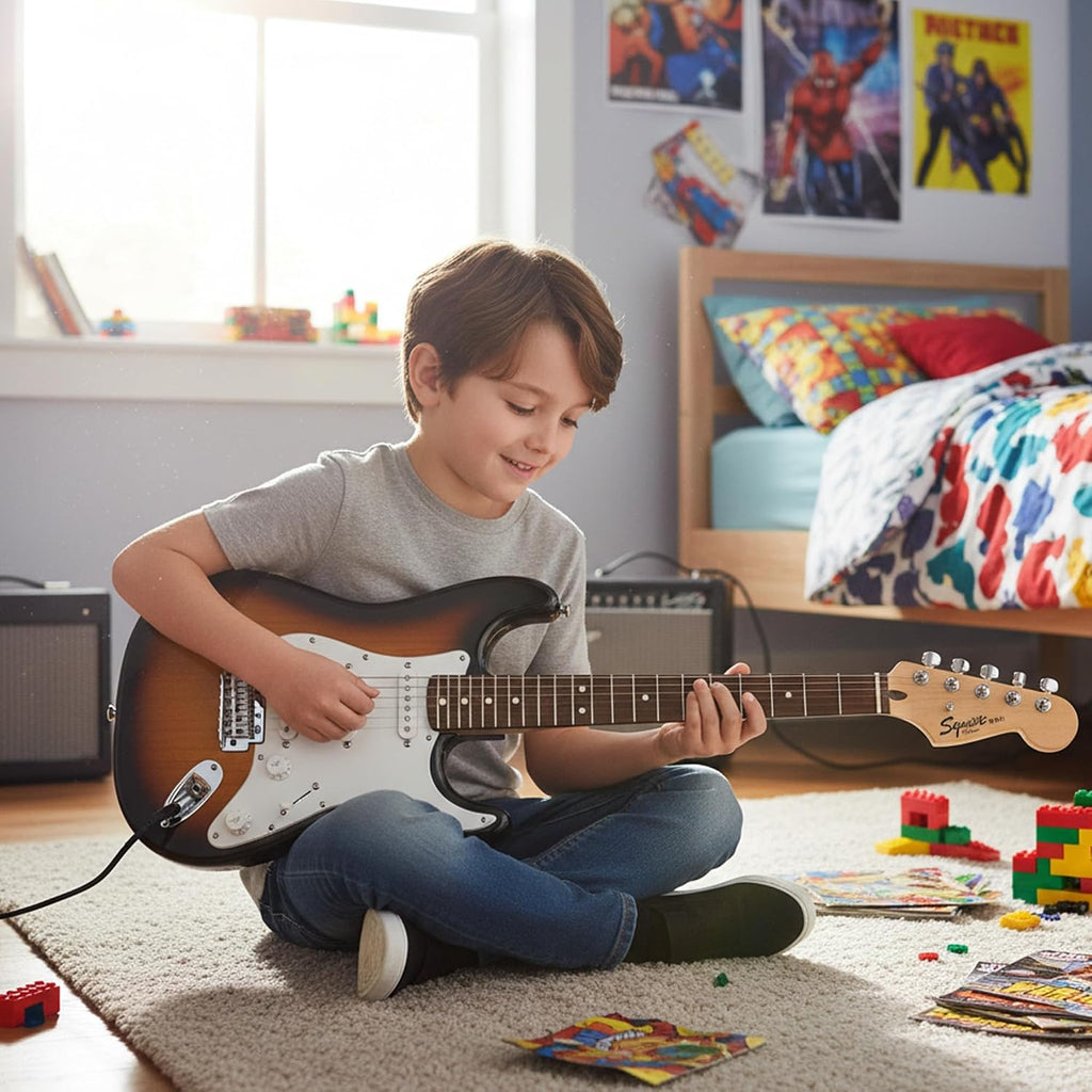 Fender Squier 3/4-Size Kids Mini Strat Electric Guitar - Brown Sunburst Bundle with Amplifier, Cable, Tuner, Strap, Picks, and Austin Bazaar Instructional DVD
