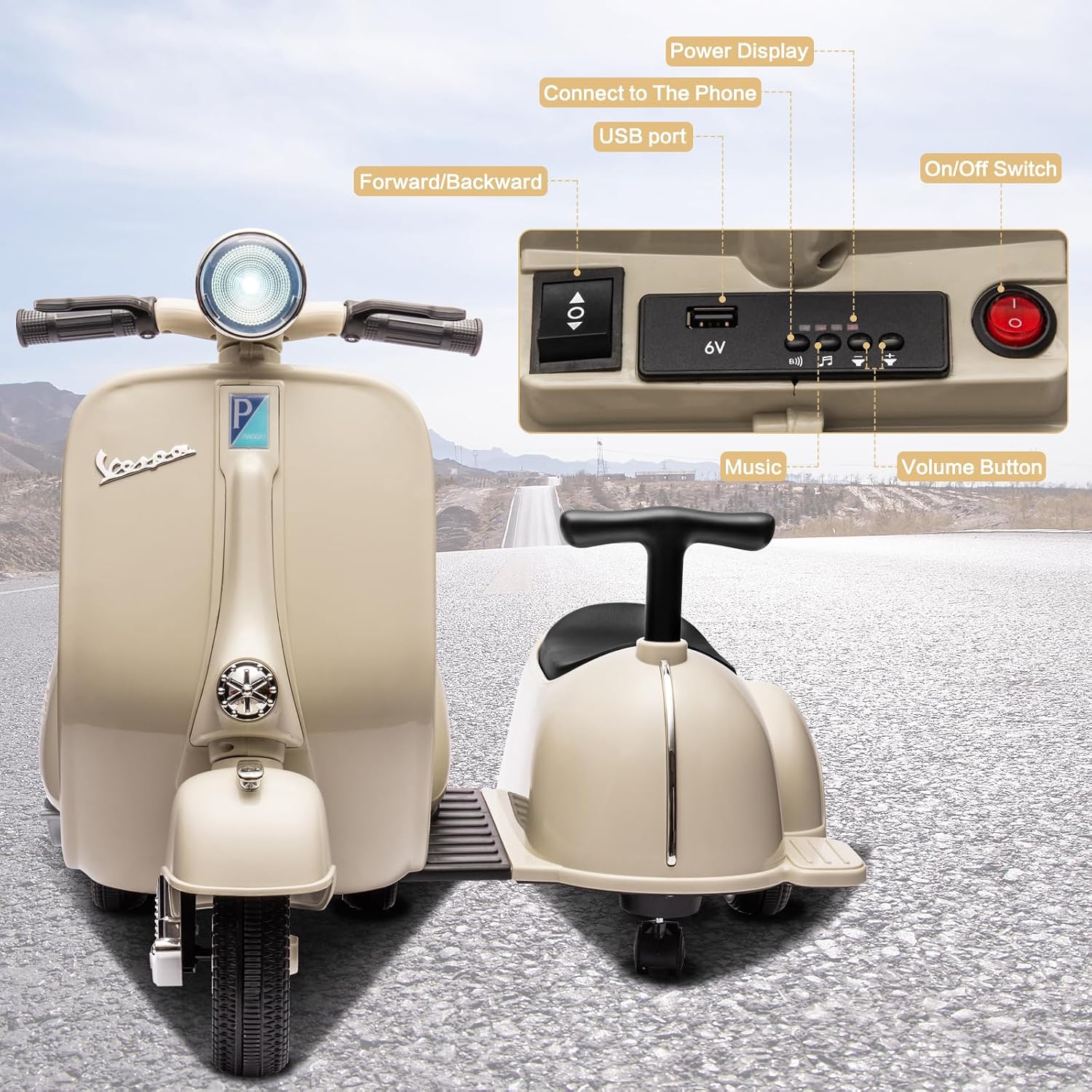 Licensed Vespa Ride on Toys, Motorcycle with Side Car & Speaker | Motorcycle 3 Wheeler 2 Seater Car Rechargeable with Music Player, Headlight, USB Plug, Forward, Backward, Beige
