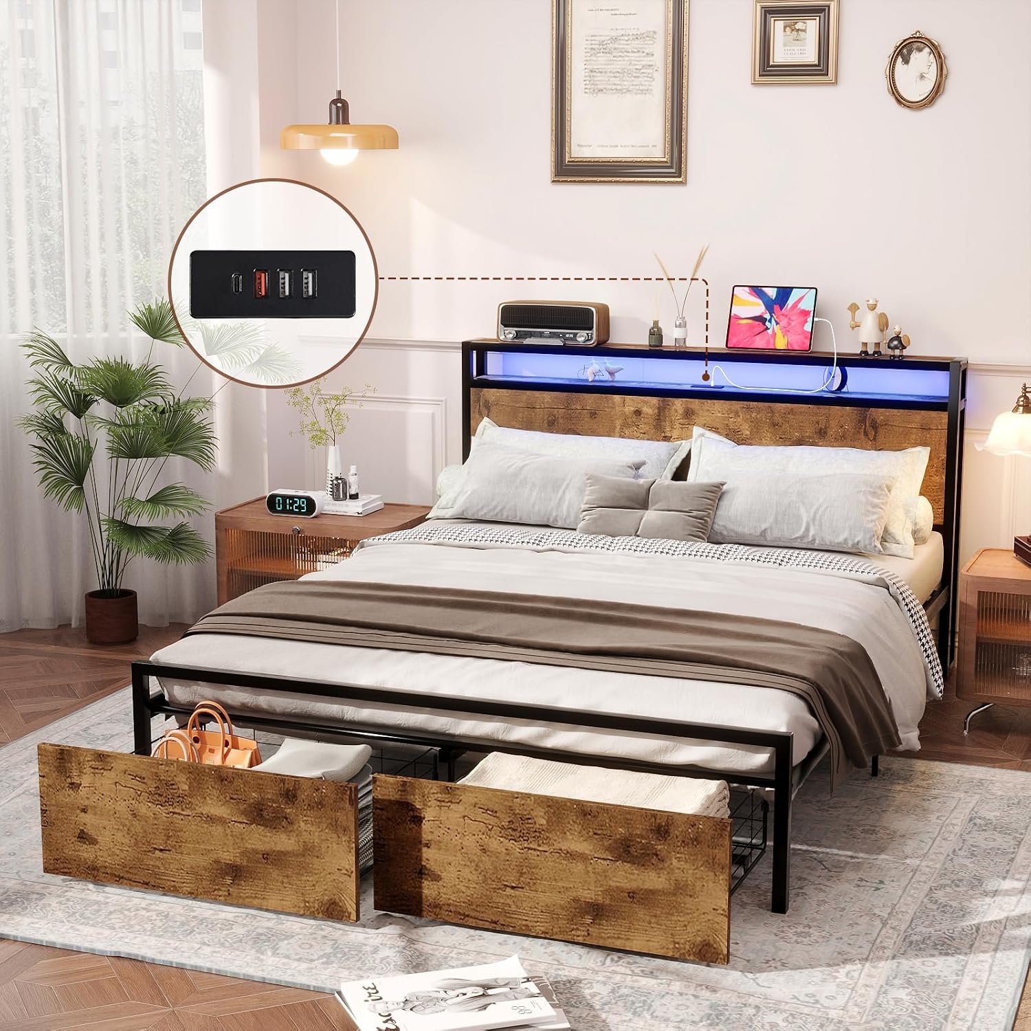 Kiivakii Full Size Bed Frame with 2 Drawers, LED Heavy Duty Platform Bed with Headboard Storage, Built in USB Ports, Noise-Free No Box Spring Needed, Rustic Brown
