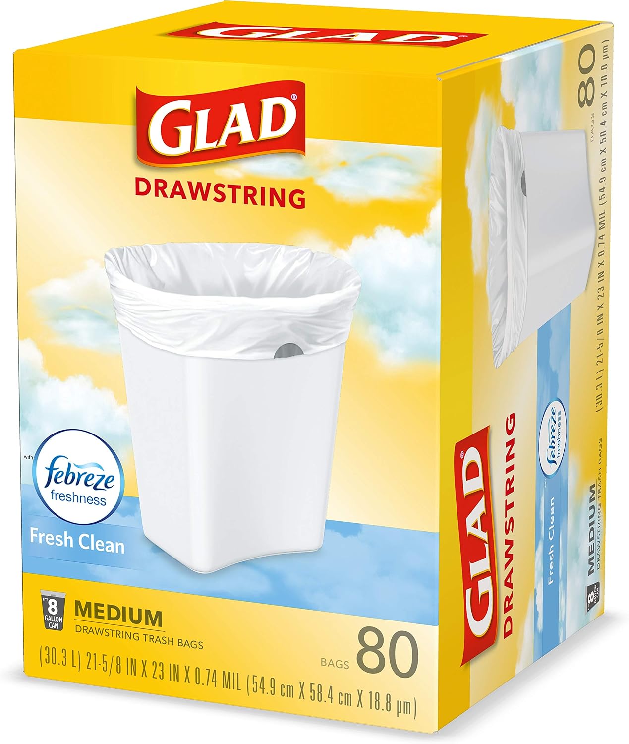 Glad Medium Trash Bags, 8 Gallon, Febreze Fresh Clean Garbage Bags, With Odor Control and Drawstring, 80 Count (Pack of 12)