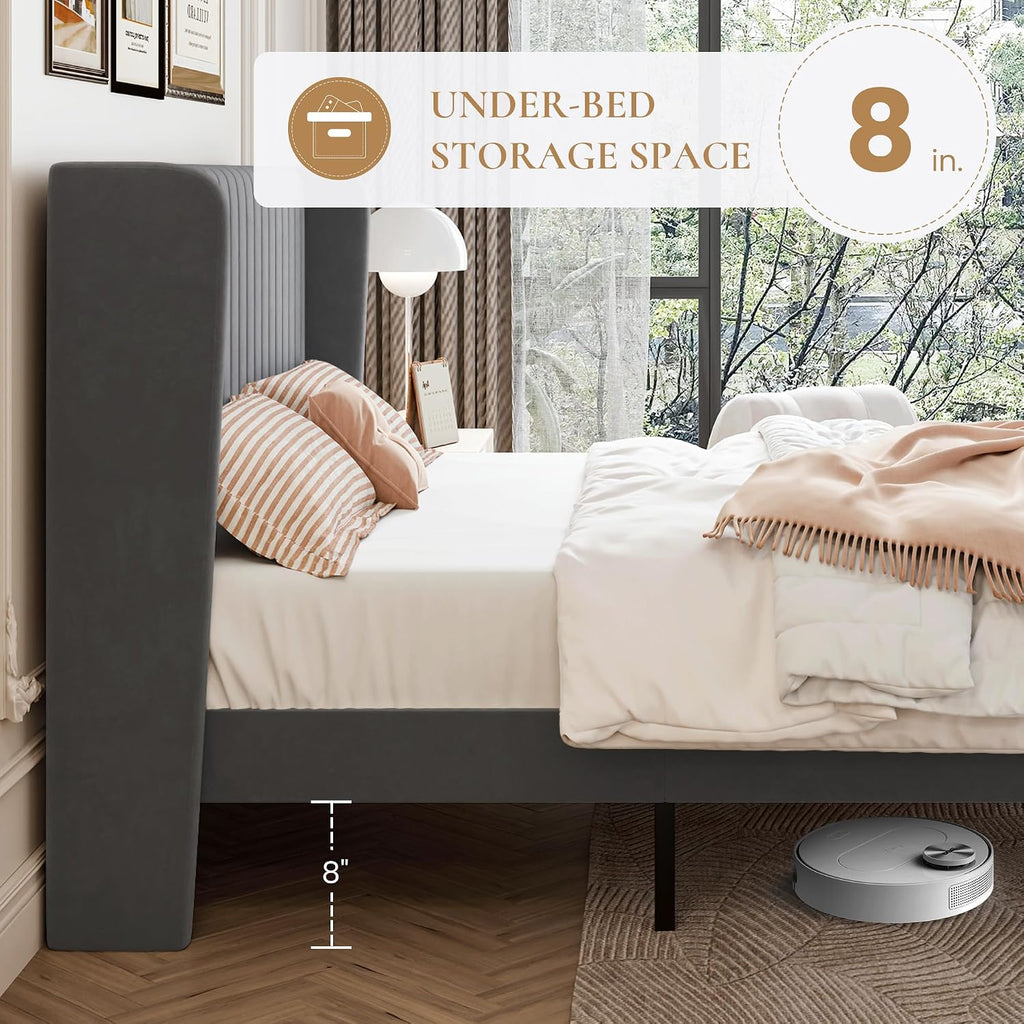 SHA CERLIN King Size Velvet Bed Frame with Vertical Channel Tufted Wingback Headboard, Upholstered Platform Bed with Wood Slats, No Box Spring Needed, Easy Assembly, Grey