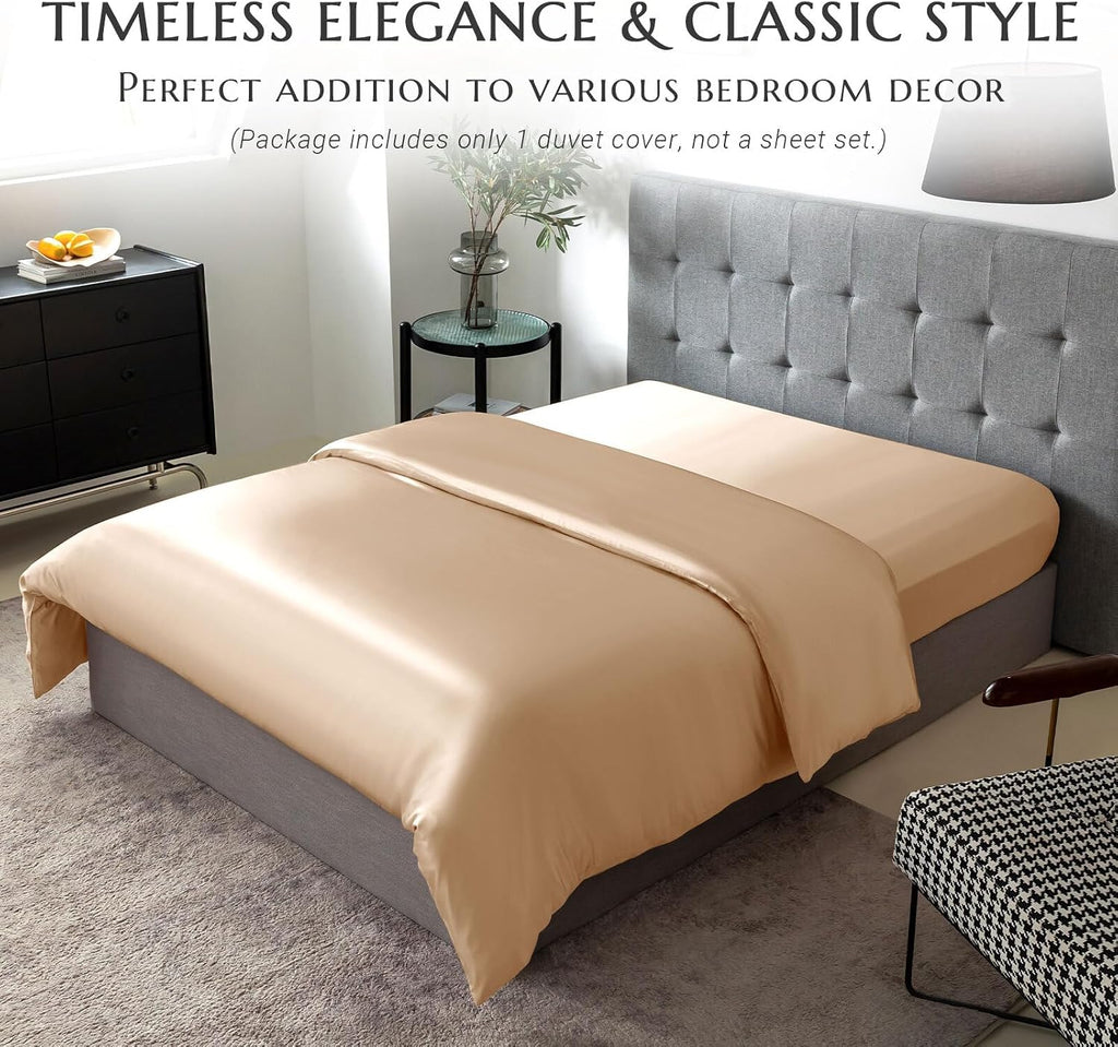 THXSILK Silk Duvet Cover, 100% 7A+ Mulberry Silk Comforter Cover, Seamless, Breathable, Easy Care Zipper Closure, 1 Duvet Cover Only - Queen, Champagne