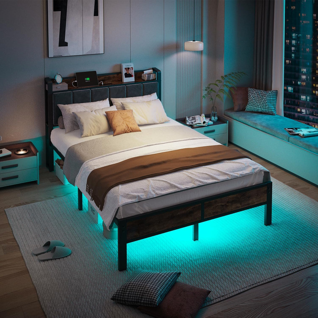 ALBERTO Full Size LED Bed Frame with Built-in Charging Station, Metal Platform with Slats, Soft Grey Upholstered Headboard, No Box Spring Required