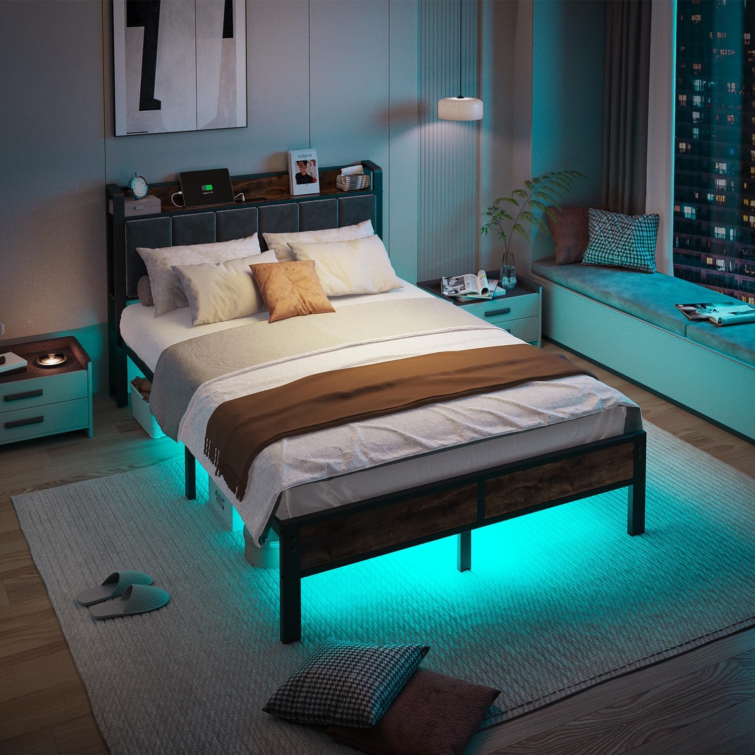 ALBERTO Full Size LED Bed Frame with Built-in Charging Station, Metal Platform with Slats, Soft Grey Upholstered Headboard, No Box Spring Required