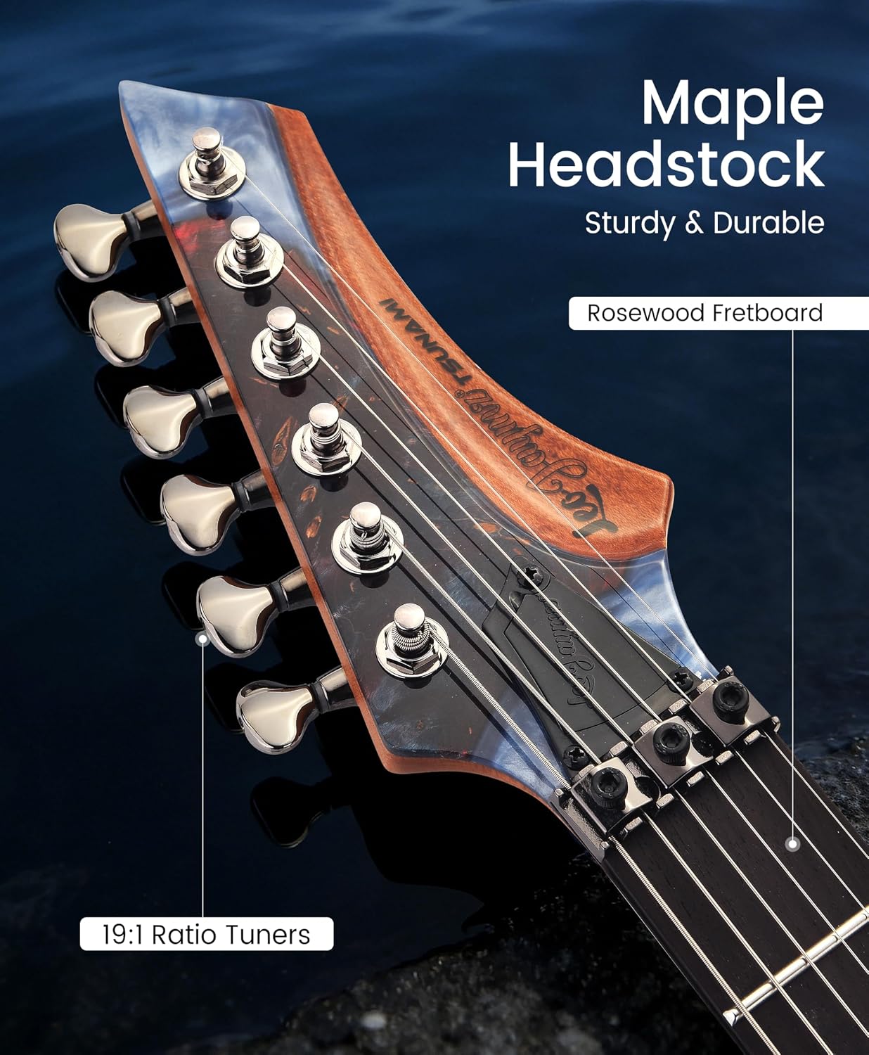 Leo Jaymz Tsunami Deluxe Mahogany Body & Roasted Maple Neck, HH Pickups with Rail, Double-Locking Tremolo, 24 Frets (Blue)