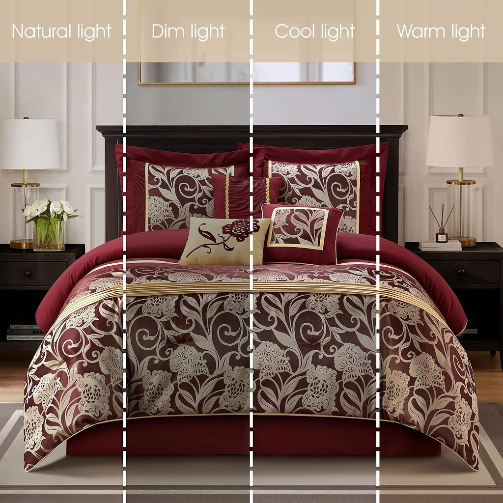 Grand Avenue Black and Red Comforter Set King Size, 7 Piece Jacquard Floral Bedding Set, All Season, Ultra-Soft, Matching Pillows & Shams, Bed Skirt
