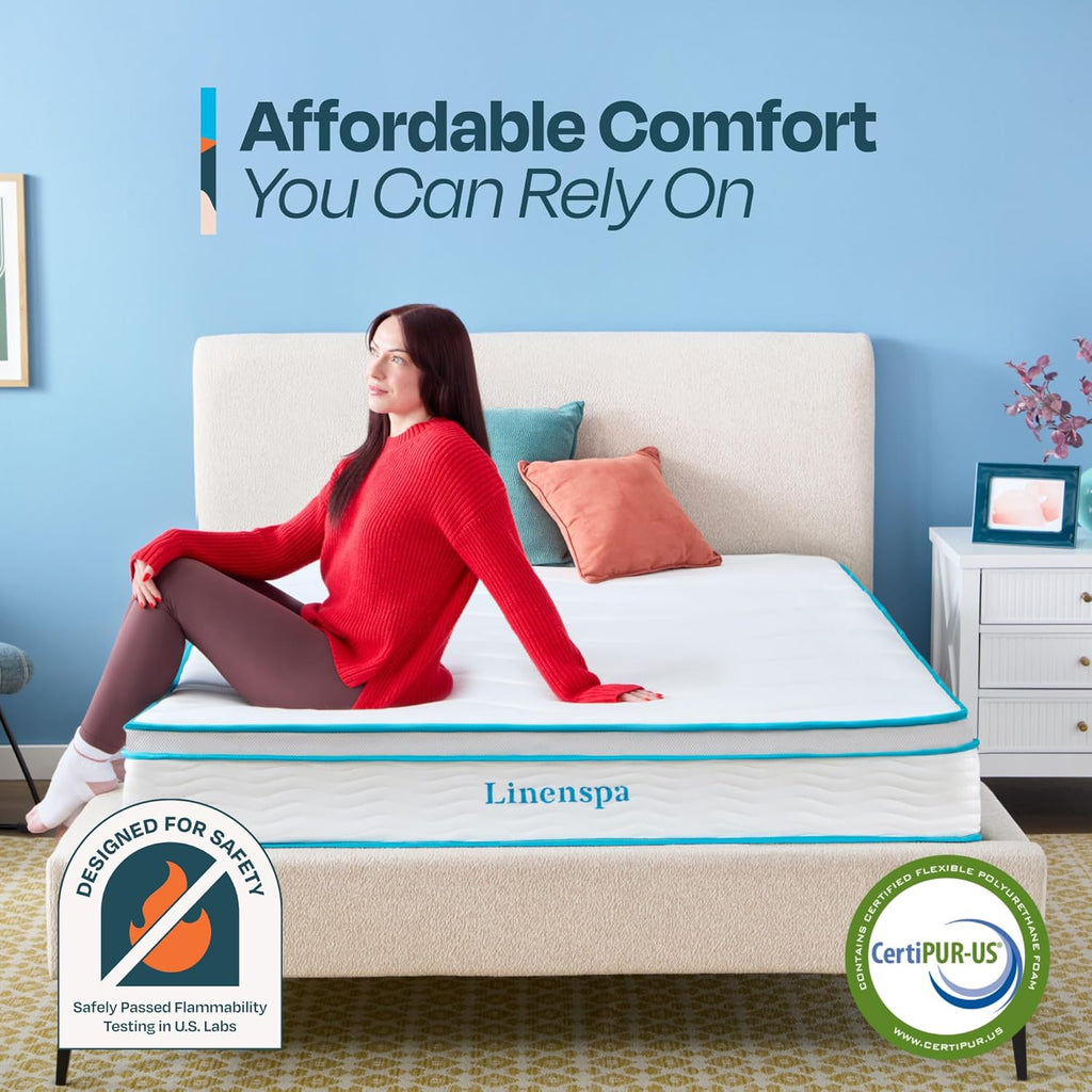 Linenspa 10 Inch Memory Foam and Spring Hybrid Mattress - Medium Feel - Bed in a Box - Quality Comfort and Adaptive Support - Breathable - Cooling - Perfect for a Guest Bedroom - Queen Size