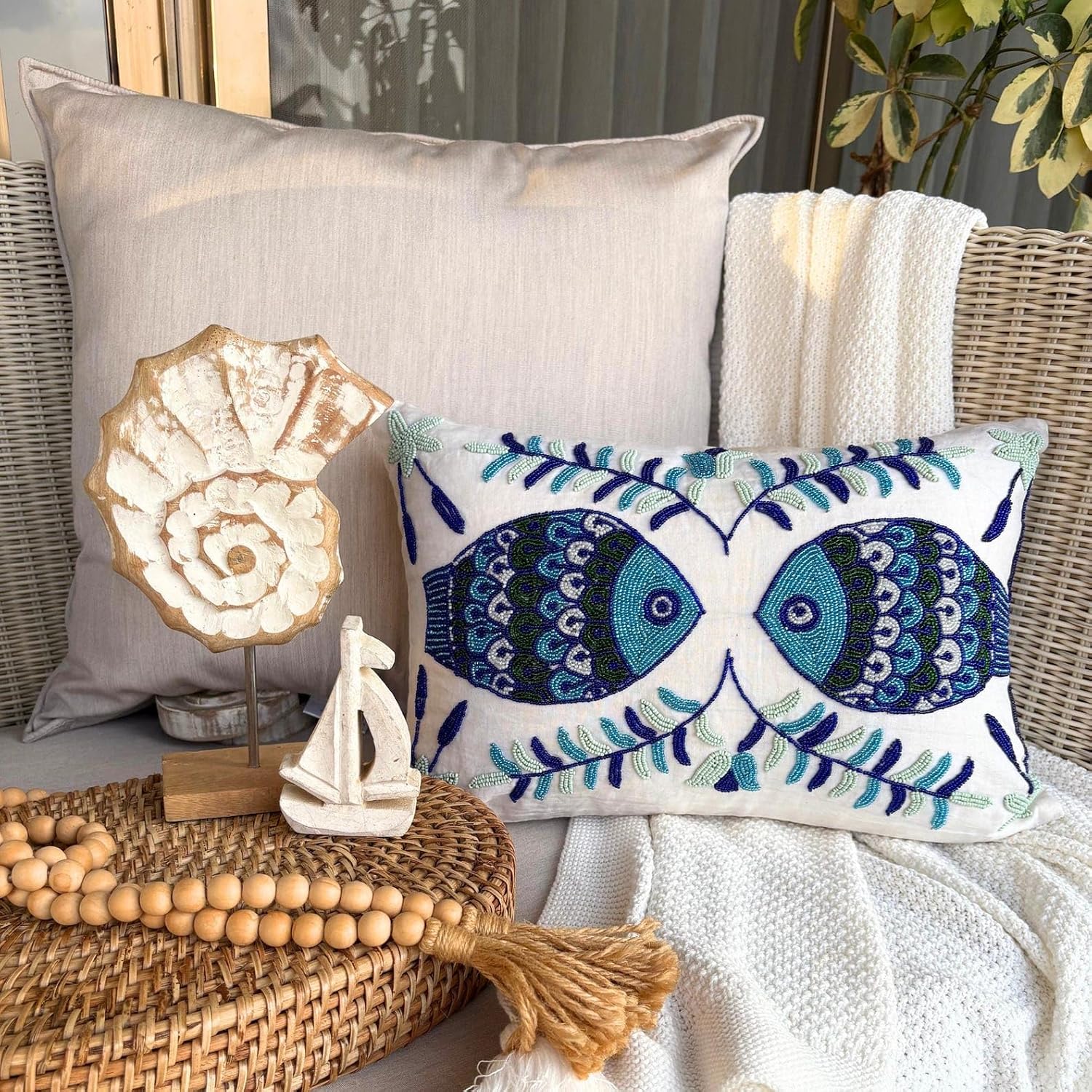 The HomeCentric Decorative Oblong/Lumbar Throw Pillow Covers Accent Pillows Couch Sofa Pillow Case Pack of 2, 12'x26' (30x65 cm) White Silk Dupioni Bead Embroidery - Fish Tales