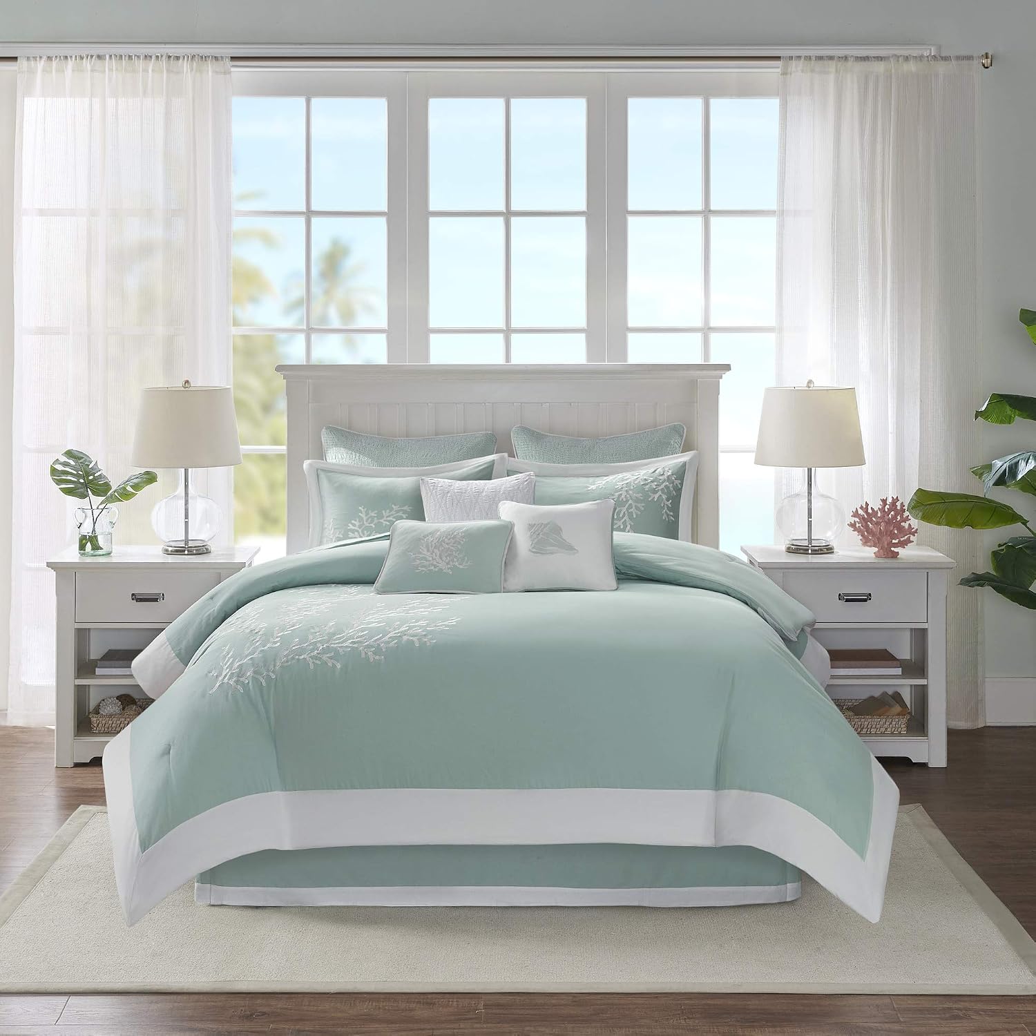 Harbor House Cotton Comforter Set - Coastal Oceanic Sealife Design, All Season Down Alternative Bedding with Matching Shams, Bedskirt, Twin(72'x90'), Coastline, Coral Aqua, 3 Piece