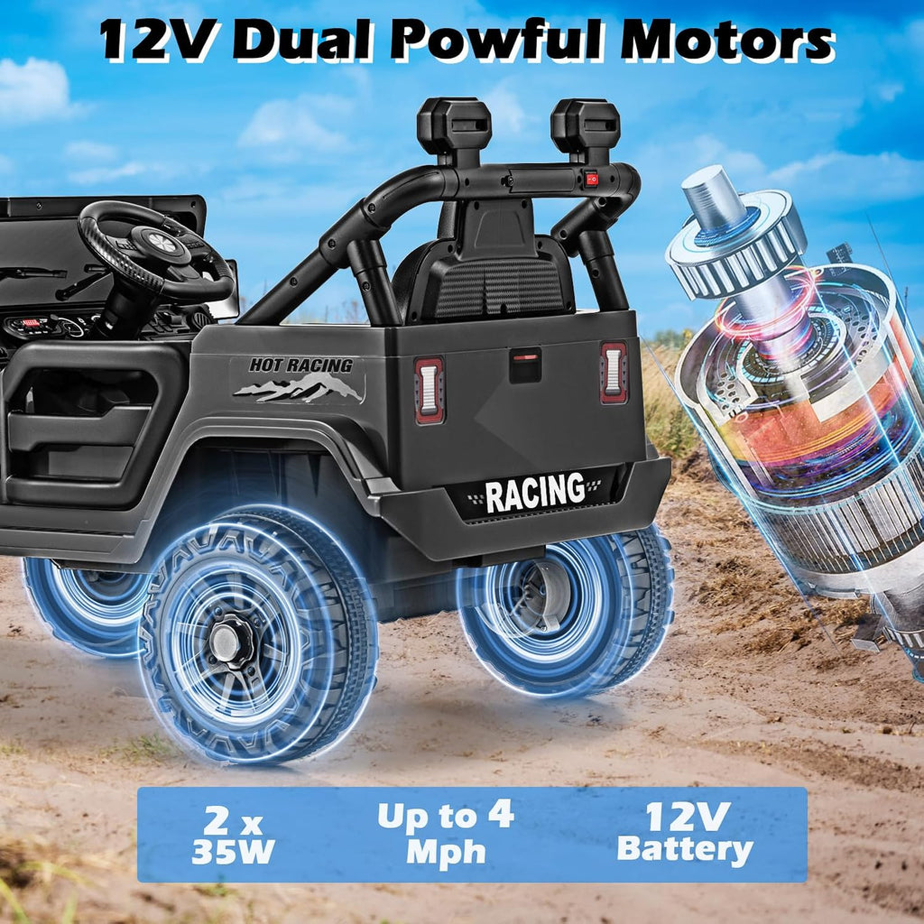 OLAKIDS Ride on Truck, 12V Battery Powered Electric Vehicle for Kids with Remote Control, Bluetooth, Power Display, LED Lights, Music Player, Ride on Toy for 3+ Boys Girls (Black)