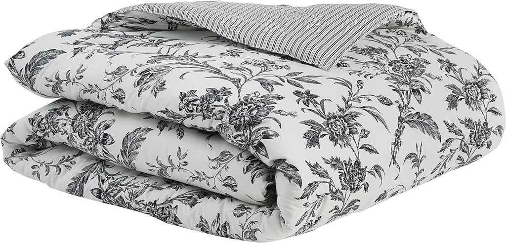 Laura Ashley - King Comforter Set, Reversible Cotton Bedding, Includes Matching Shams with Bonus Euro Shams & Throw Pillows (Amberley Black/White, King)