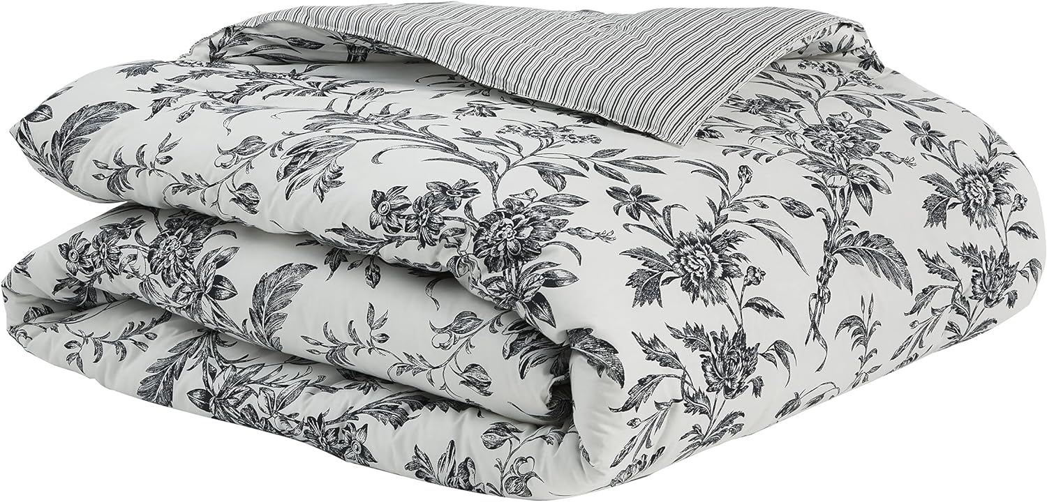 Laura Ashley - King Comforter Set, Reversible Cotton Bedding, Includes Matching Shams with Bonus Euro Shams & Throw Pillows (Amberley Black/White, King)