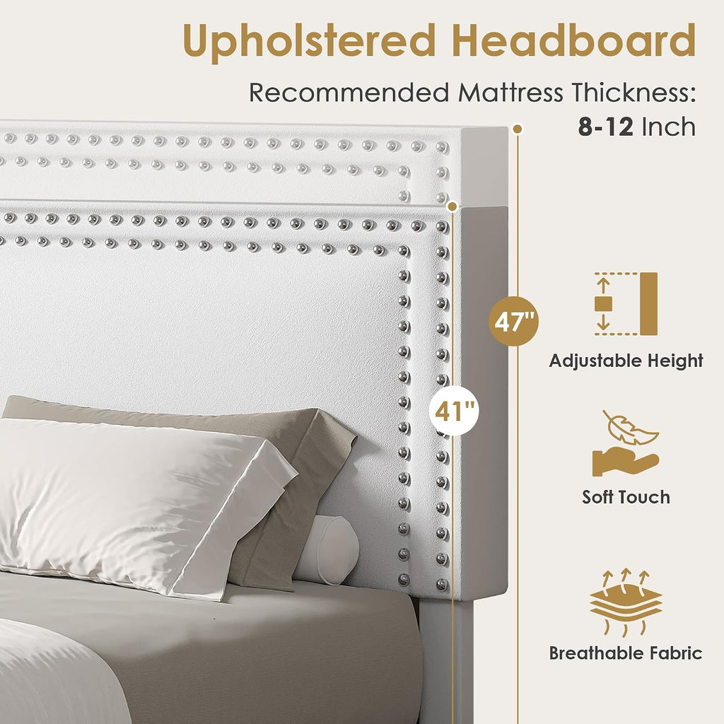 VECELO King Size Upholstered Bed Frame with 4 Storage Drawers, Adjustable Velvet Rivet Decor Headboard, Wooden Slats Platform Support, No Box Spring Needed, Easy Assembly,White