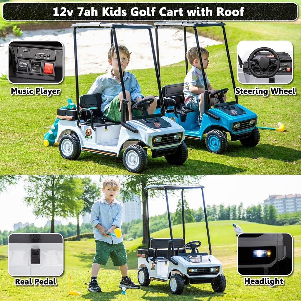 12V 7AH Golf Cart for Kids Boys Girls, Battery Powered Ride on Toys with Parent Remote Control, 2 Seater Ride on Golf Cart with Plastic Roof, Real Pedal, Music Player, Horn (White)