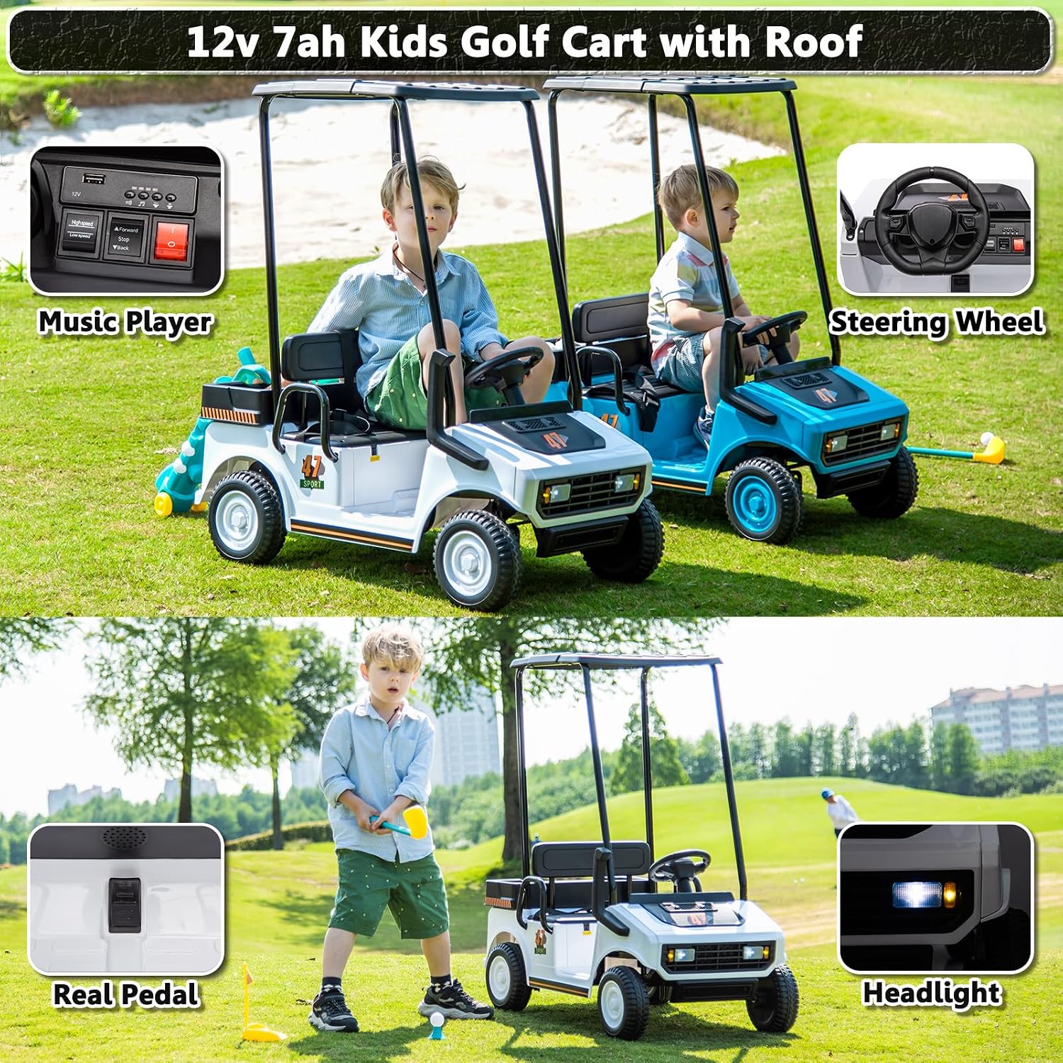 12V 7AH Golf Cart for Kids Boys Girls, Battery Powered Ride on Toys with Parent Remote Control, 2 Seater Ride on Golf Cart with Plastic Roof, Real Pedal, Music Player, Horn (White)