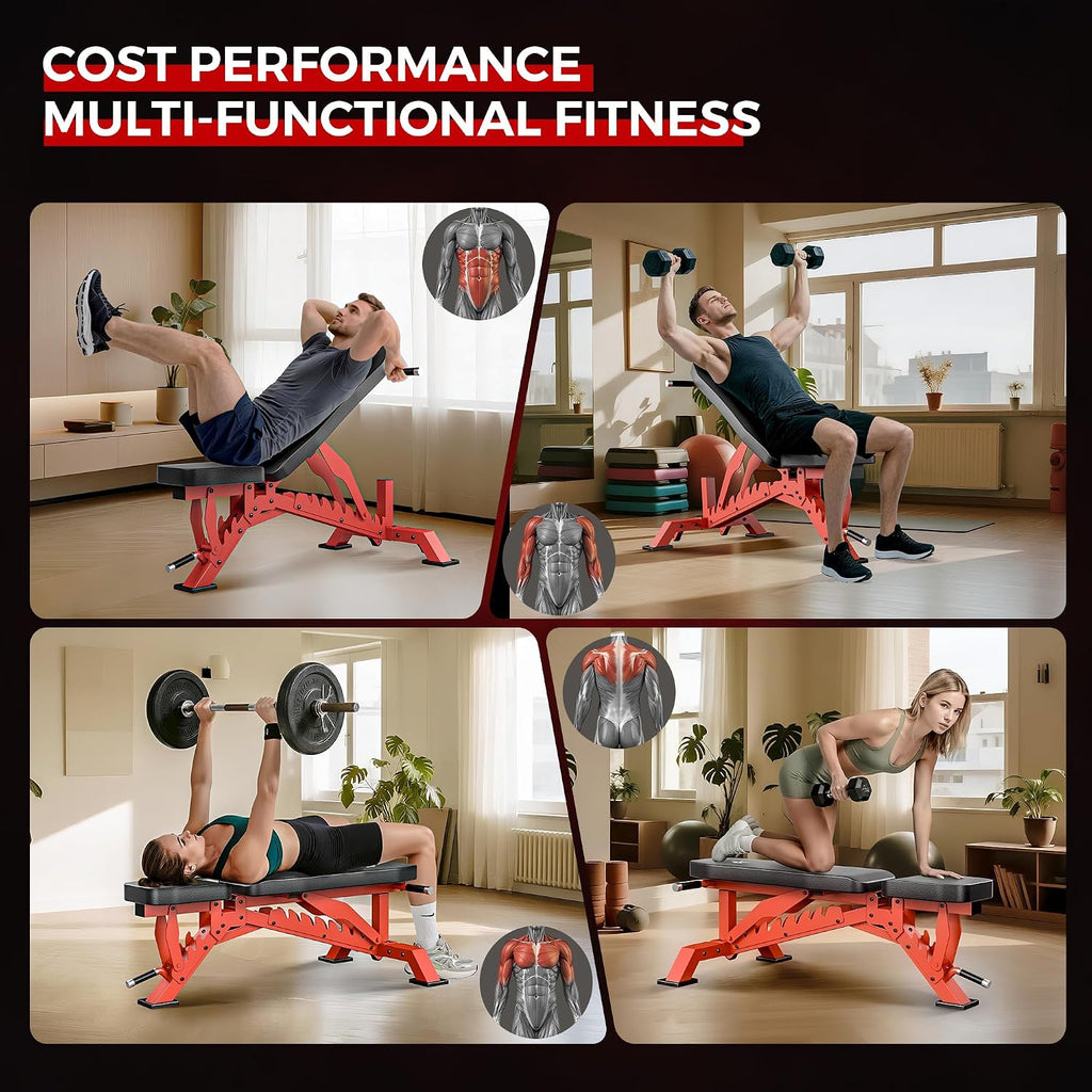 Weight Bench, Adjustable Workout Bench for Home Gym Full Body Workout, 1300LBS Weight Capacity Bench Press, Flat/Incline Bench with 33' Extra-Long Backrest & Wheels