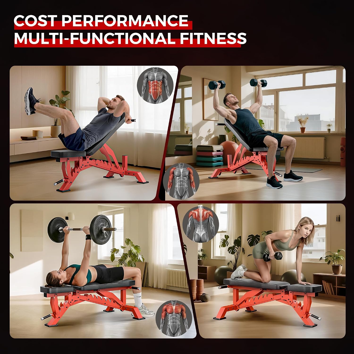 Weight Bench, Adjustable Workout Bench for Home Gym Full Body Workout, 1300LBS Weight Capacity Bench Press, Flat/Incline Bench with 33' Extra-Long Backrest & Wheels