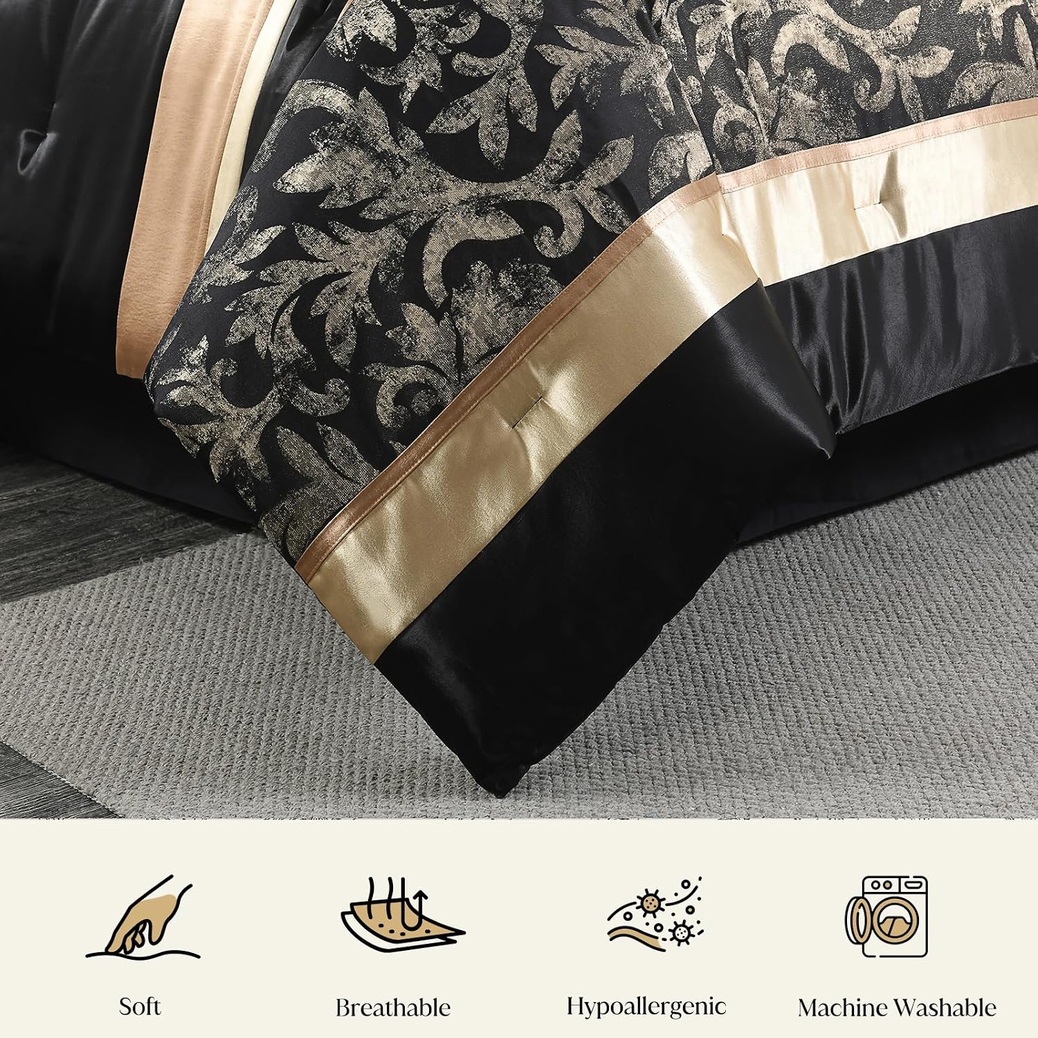 CozyDH Black Gold Comforter Set King Size - 7 Piece Luxury Jacquard Silky Bed in a Bag, Vintage Floral Striped Damask, All-Season Down Alternative Bedding with Bed Skirt, Shams, Decorative Pillow