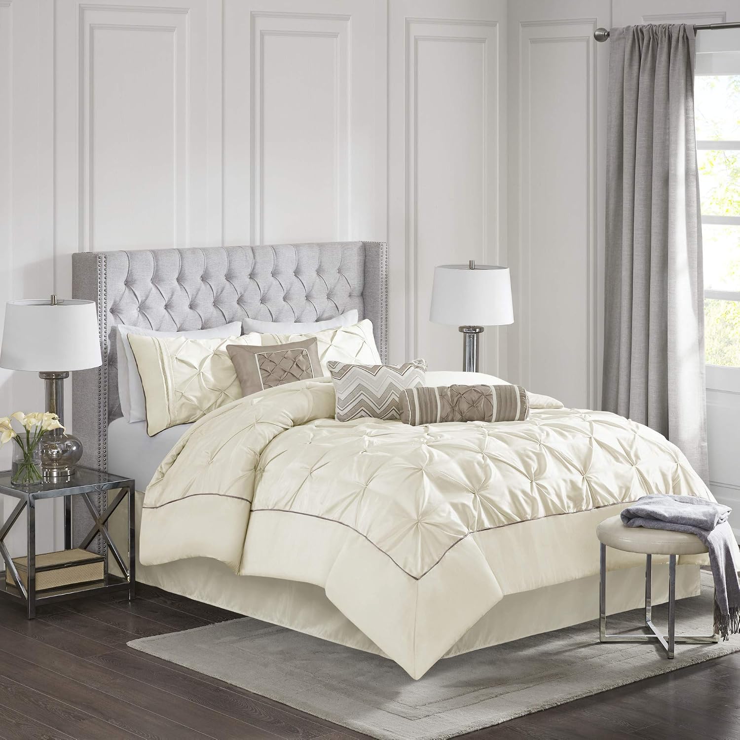 Madison Park Laurel Cozy Comforter Set - Traditional Tufted Faux Silk Design, All Season Down Alternative Bedding with Matching Shams, Decorative Pillow, Ivory King(104'x92') 7 Piece