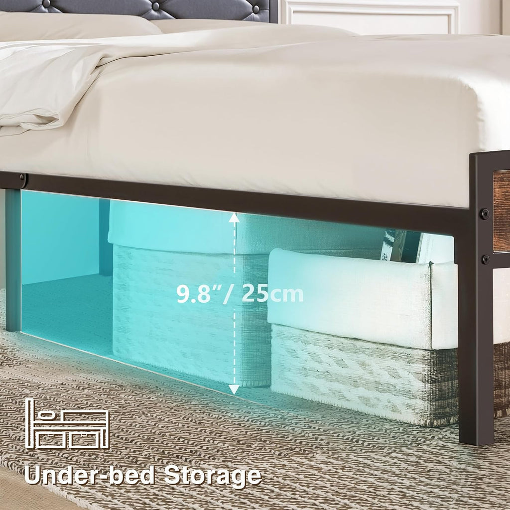 VECELO Full Size Bed Frame with Headboard & Footboard, Metal Platform Mattress Foundation, Led Lights and USB Charging Station, Storage, Noise Free, Easy Assembly, No Box Spring Needed, Vintage Brown