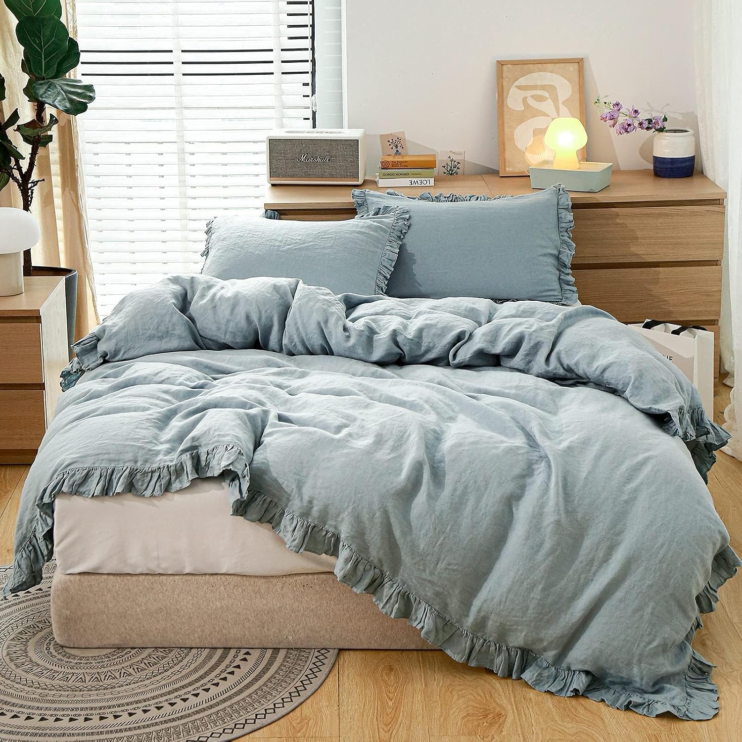 Simple&Opulence 100% Linen Duvet Cover Set, 3 PCS Natural French Flax Dusty Blue Ruffle Duvet Cover King Size, Breathable Comfy Linen Bedding Comforter Cover with 2 Pillowcases(Dusty Blue, 104' X 92')