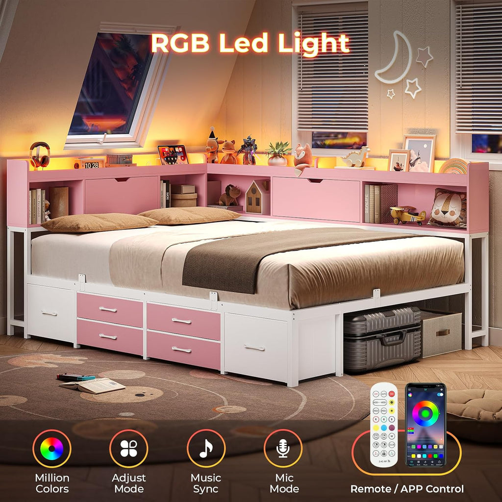 AOGLLATI Full Size Corner Bed Frame with 6 Storage Drawers and Bookcase Hidden Headboard, Full Bed Frame Metal Platform Daybed with Charging Station and LED Lights for Kids Teens, Pink