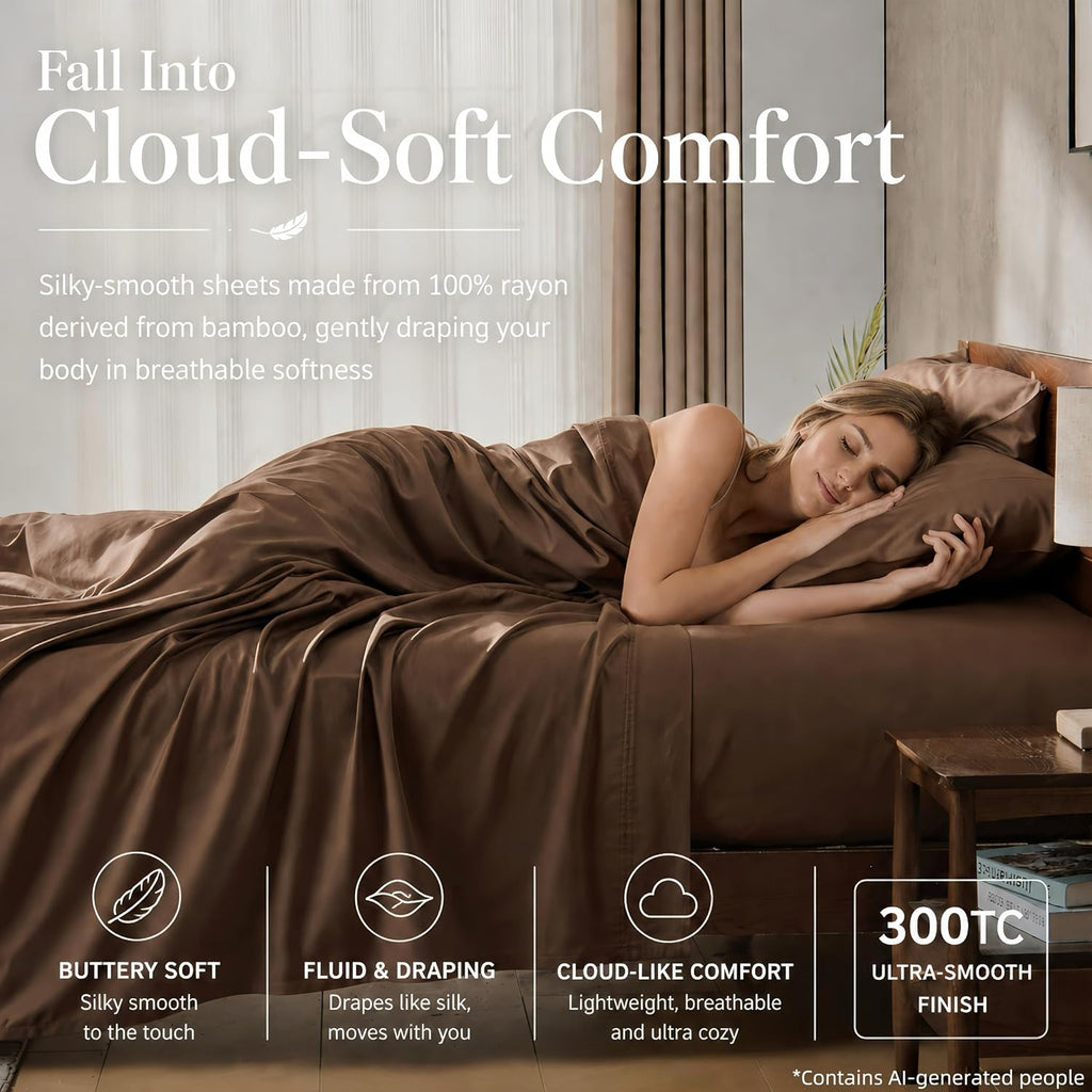 GOKOTTA 4-Pcs King Size Sheets Set, 100% Rayon Derived from Bamboo, 16 Inch Deep Pocket King Sheets with Elastic Corner Straps, Cooling Sheets for Hot Sleepers - Silky Soft & Breathable - Cocoa Brown