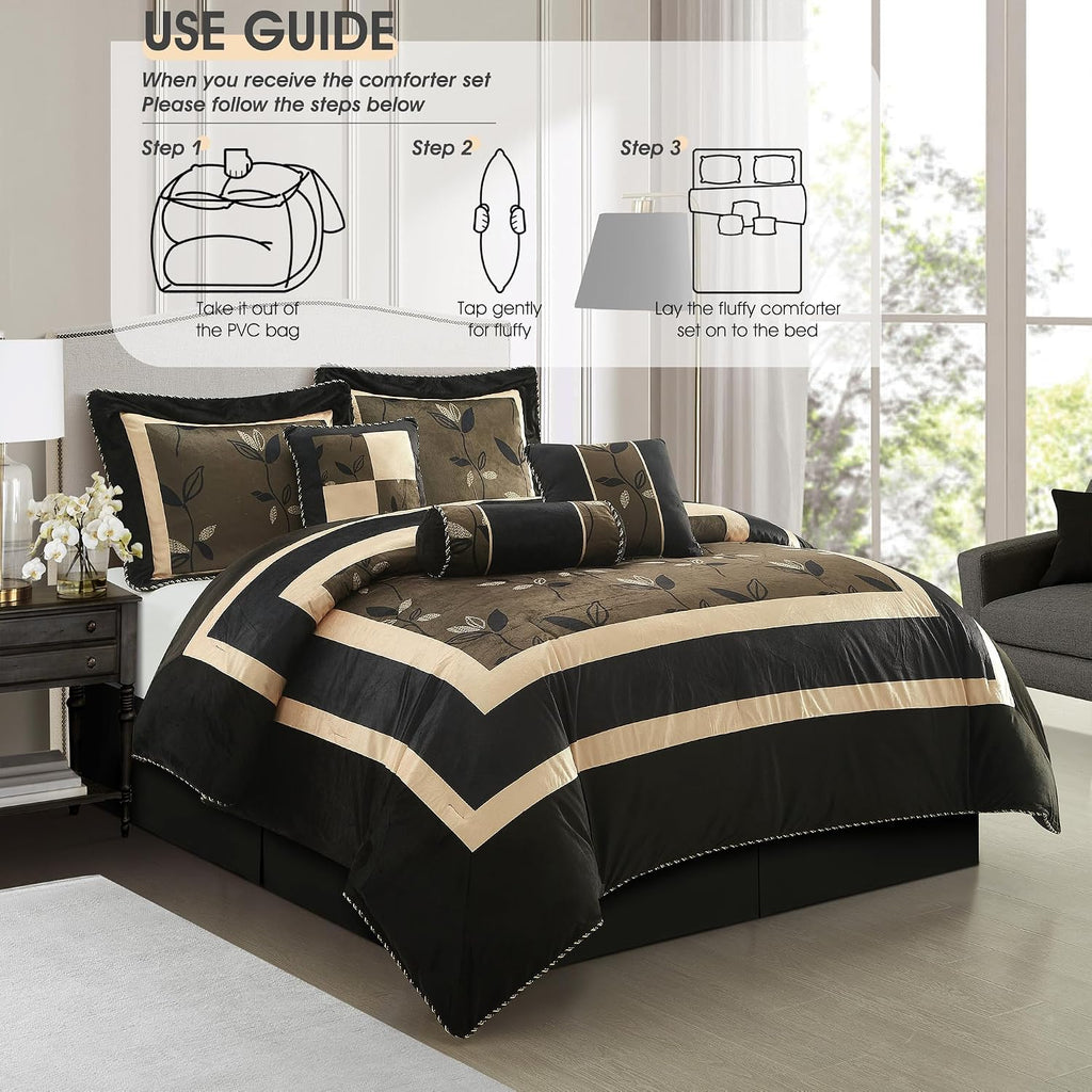 LANCO MODERN LIFESTYLE Black and Gold Comforter Set, Full, Short Plush Print with Leaves Pattern, Ultra Soft, 7 Piece Bedding Set, Bed in a Bag, Bedskirt, Shams and Decorative Pillows