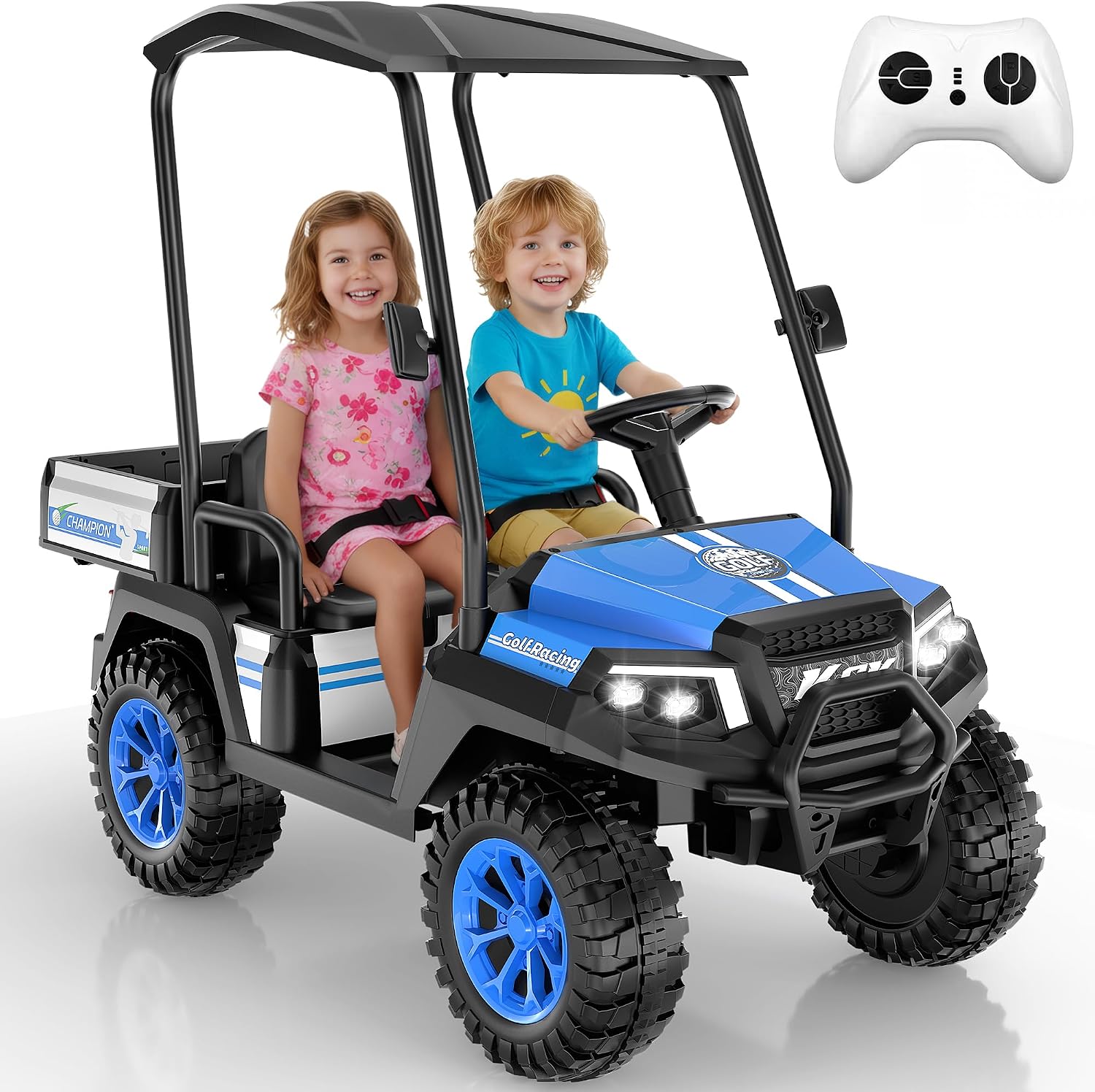 24V Kids Golf Cart w/Detachable Awning–4WD 2 Seater Ride on Car w/Large Storage Trunk, Remote Control, 3 Speeds, Music Player, LED Lights, Ride On Toys, Gift for Kids Ages 3-8((Blue)