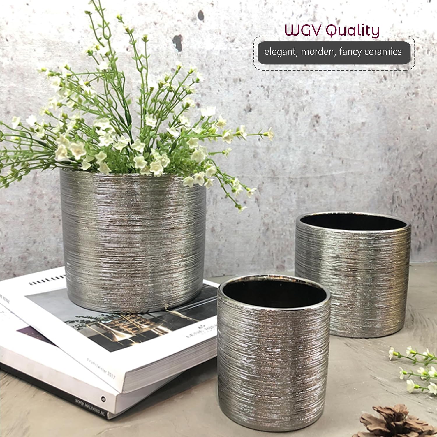 WGVI Silver Etched Ceramic Cylinder Vase Width 3.75' Height 4', Flower Arrangements, Candle Holder, Terrarium Planter Pot, Storage Container Organizer, Pen Brush Holder, Scratched Texture, 24 Pcs
