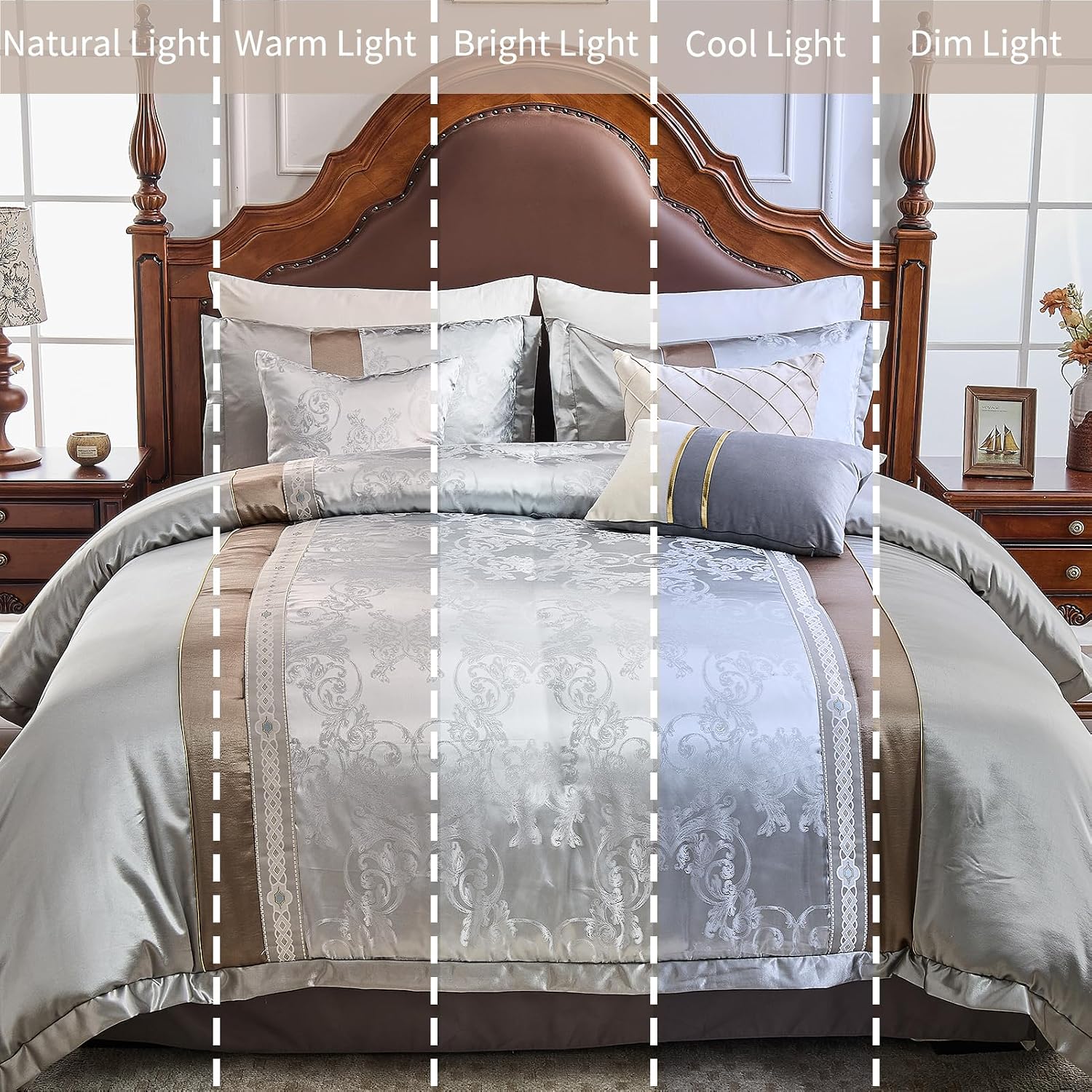 7-Piece Queen Comforter Set Bed in a Bag, Elegant Silver Gray Botanical Jacquard Design, Reversible All-Season Luxury Bedding, Soft Faux Silk Fluffy Comforter 90'x90'